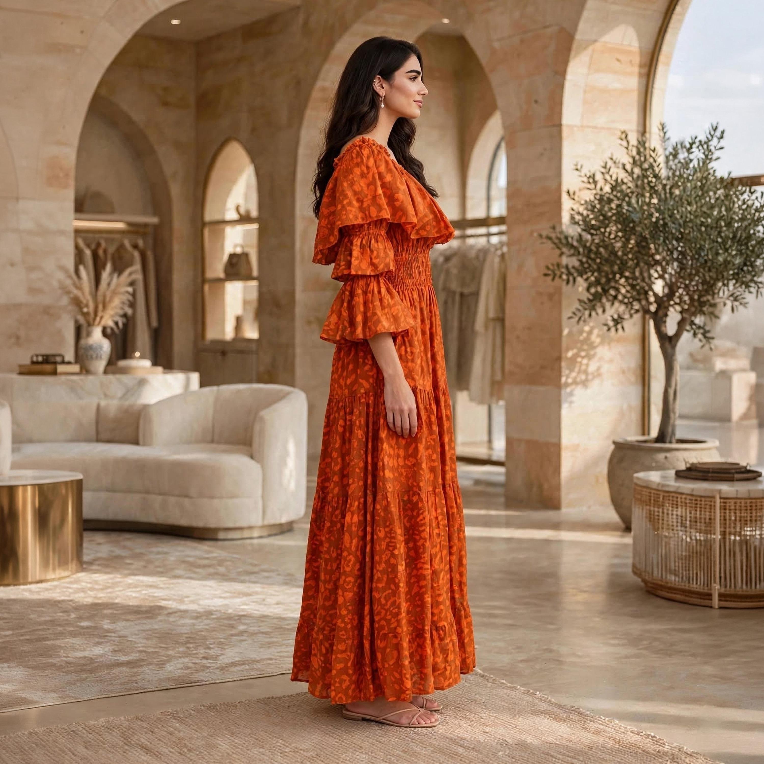IKKXA Orange Abstract Print Off-Shoulder Ruffle Flared Sleeves Women's Tiered Jalabiya-women-arabicclothing-dresses-image-4