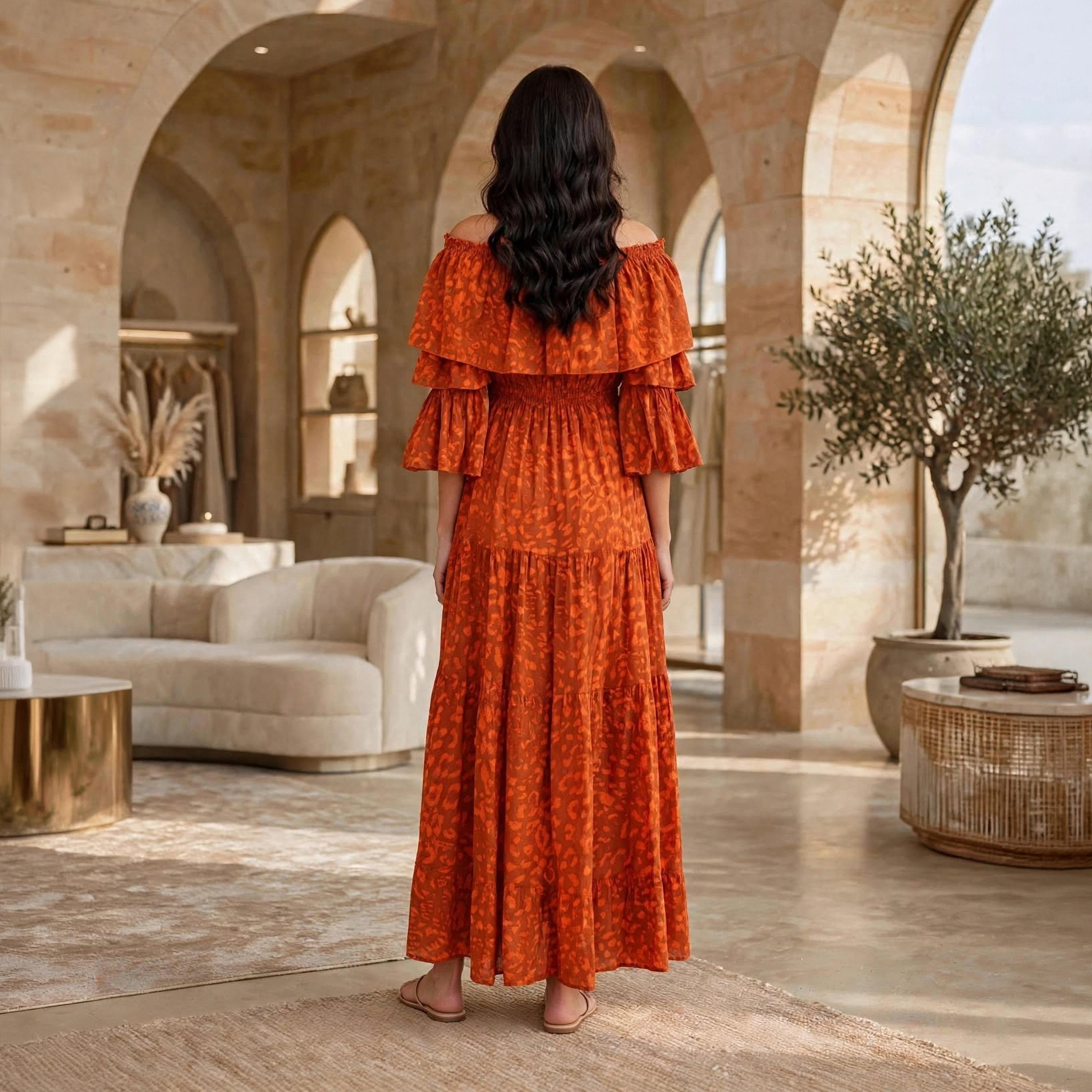 IKKXA Orange Abstract Print Off-Shoulder Ruffle Flared Sleeves Women's Tiered Jalabiya-women-arabicclothing-dresses-image-5