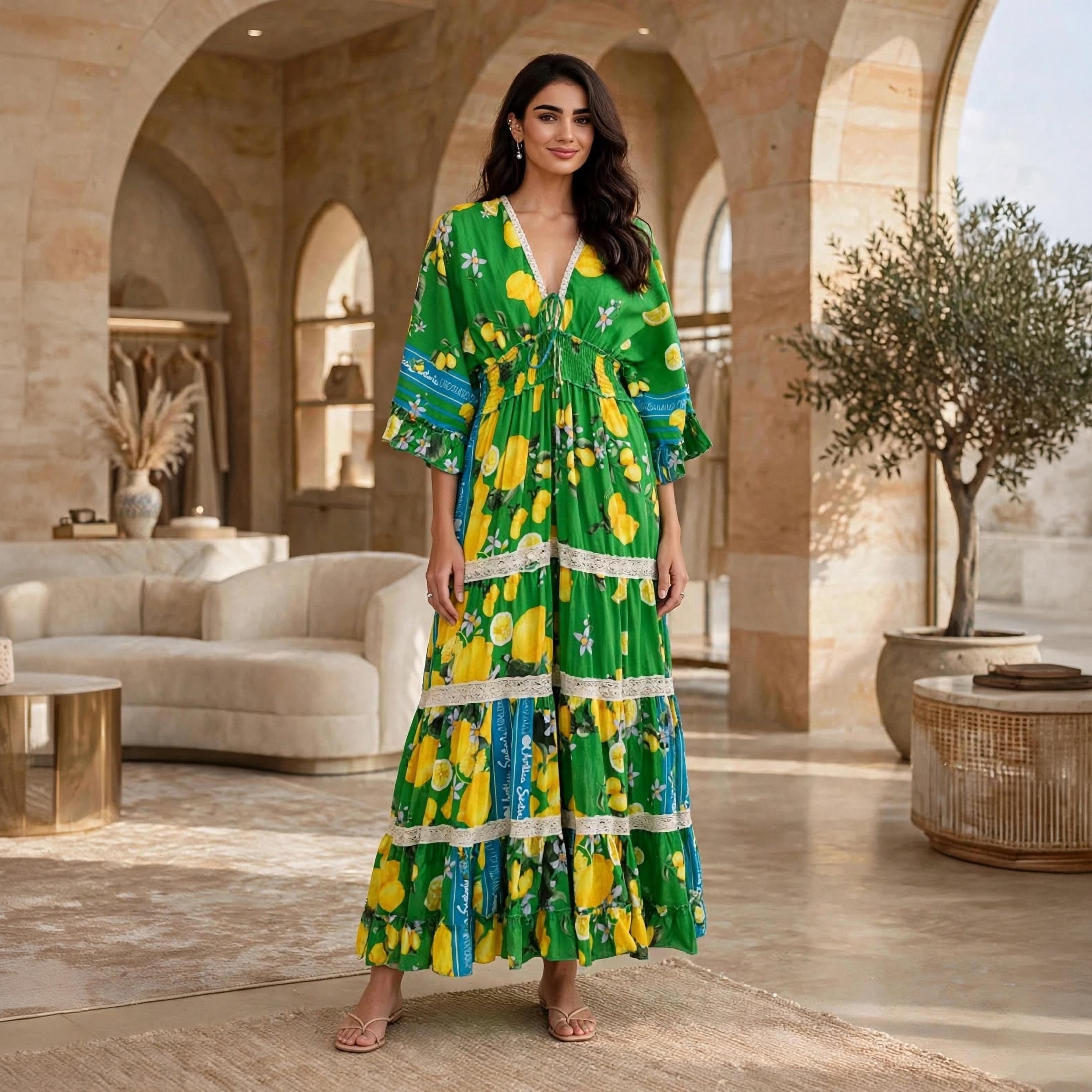 جلابية حريمي بطبقات متدرجة بطبعة ليمون وزهور باللون الأخضر وأكمام بكشكشة من إيكسا-women-arabicclothing-dresses-image-1