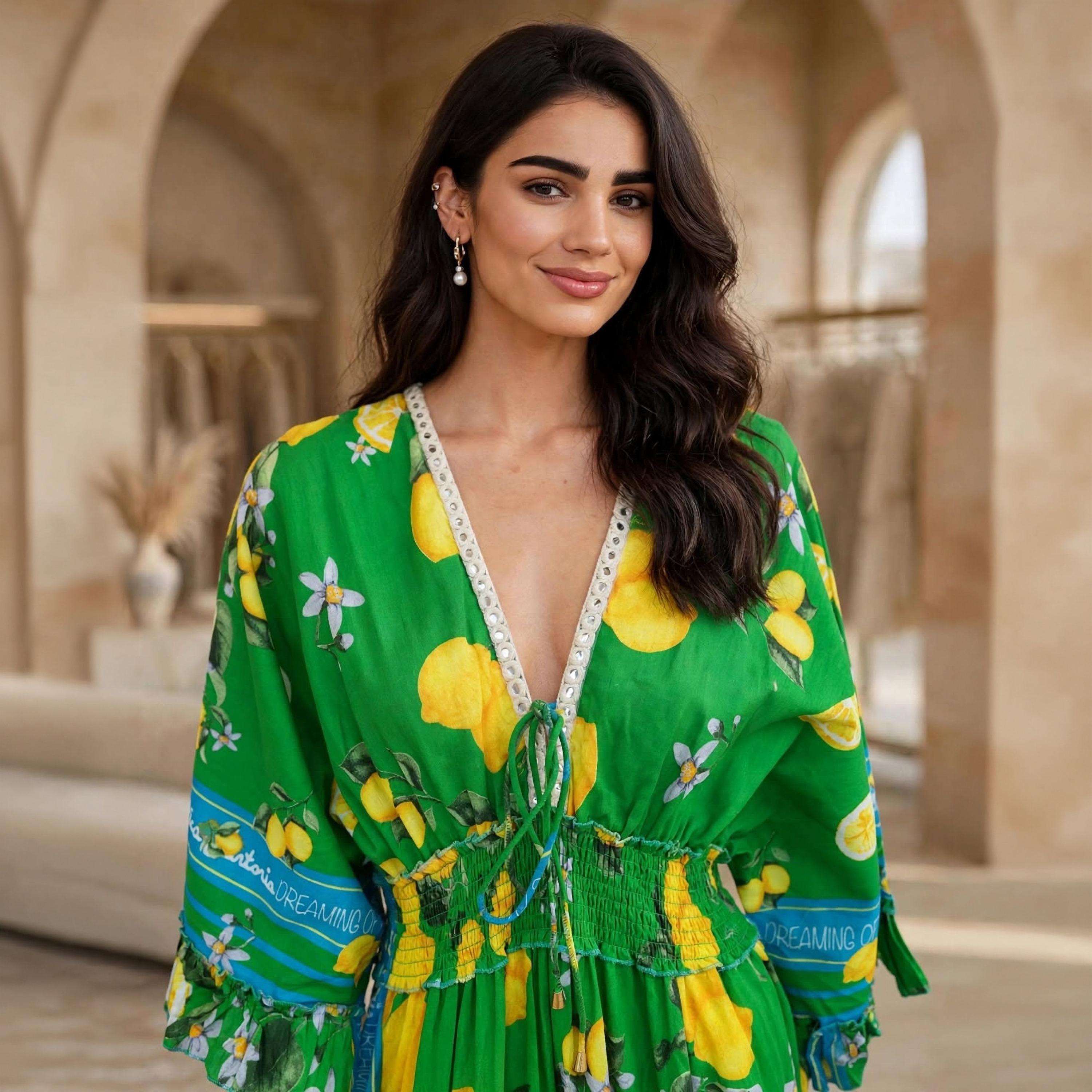 جلابية حريمي بطبقات متدرجة بطبعة ليمون وزهور باللون الأخضر وأكمام بكشكشة من إيكسا-women-arabicclothing-dresses-image-2