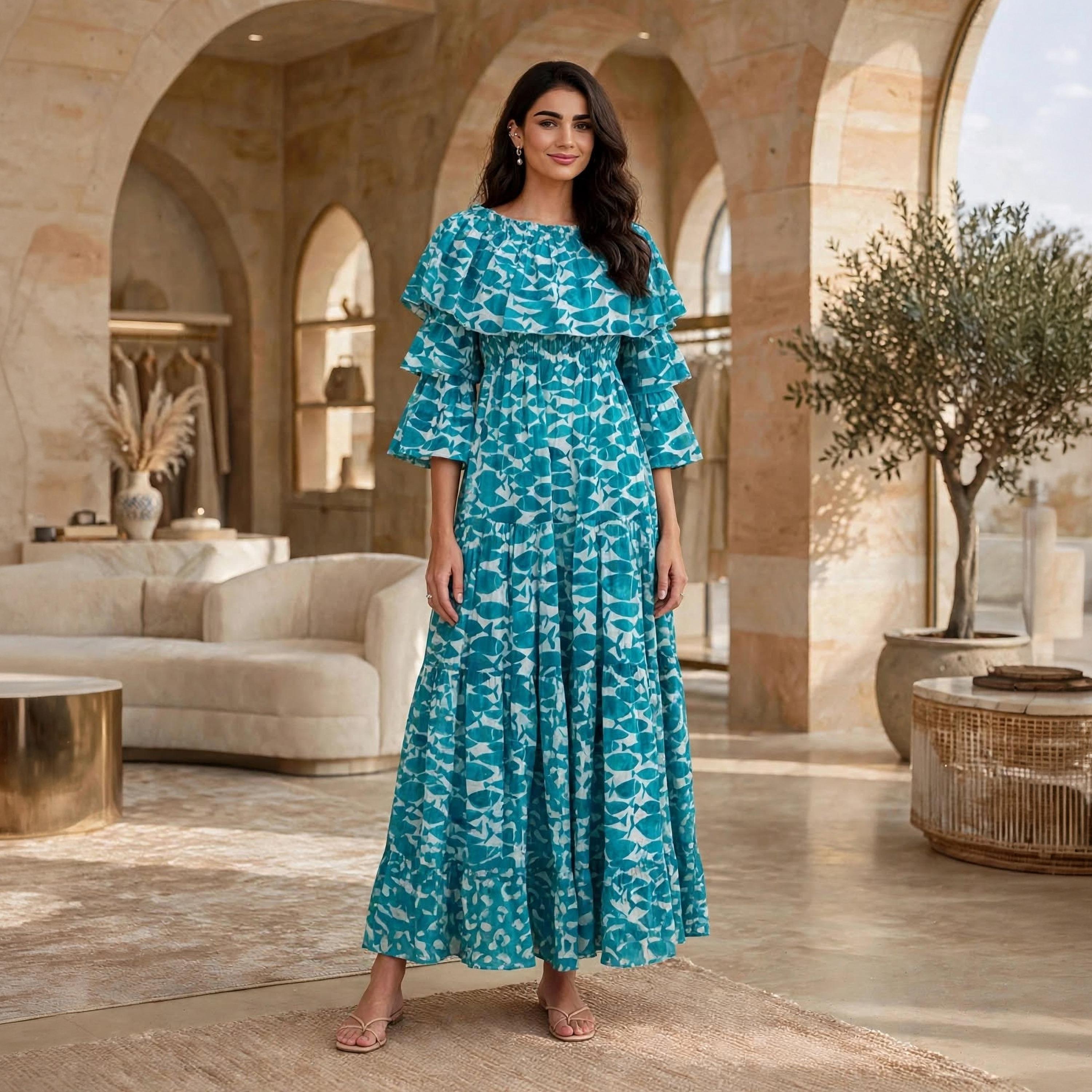 Ikkxa Fish Motif Print Off-Shoulder Ruffle Flared Sleeves Women's Tiered Jalabiya-women-arabicclothing-dresses-image-1