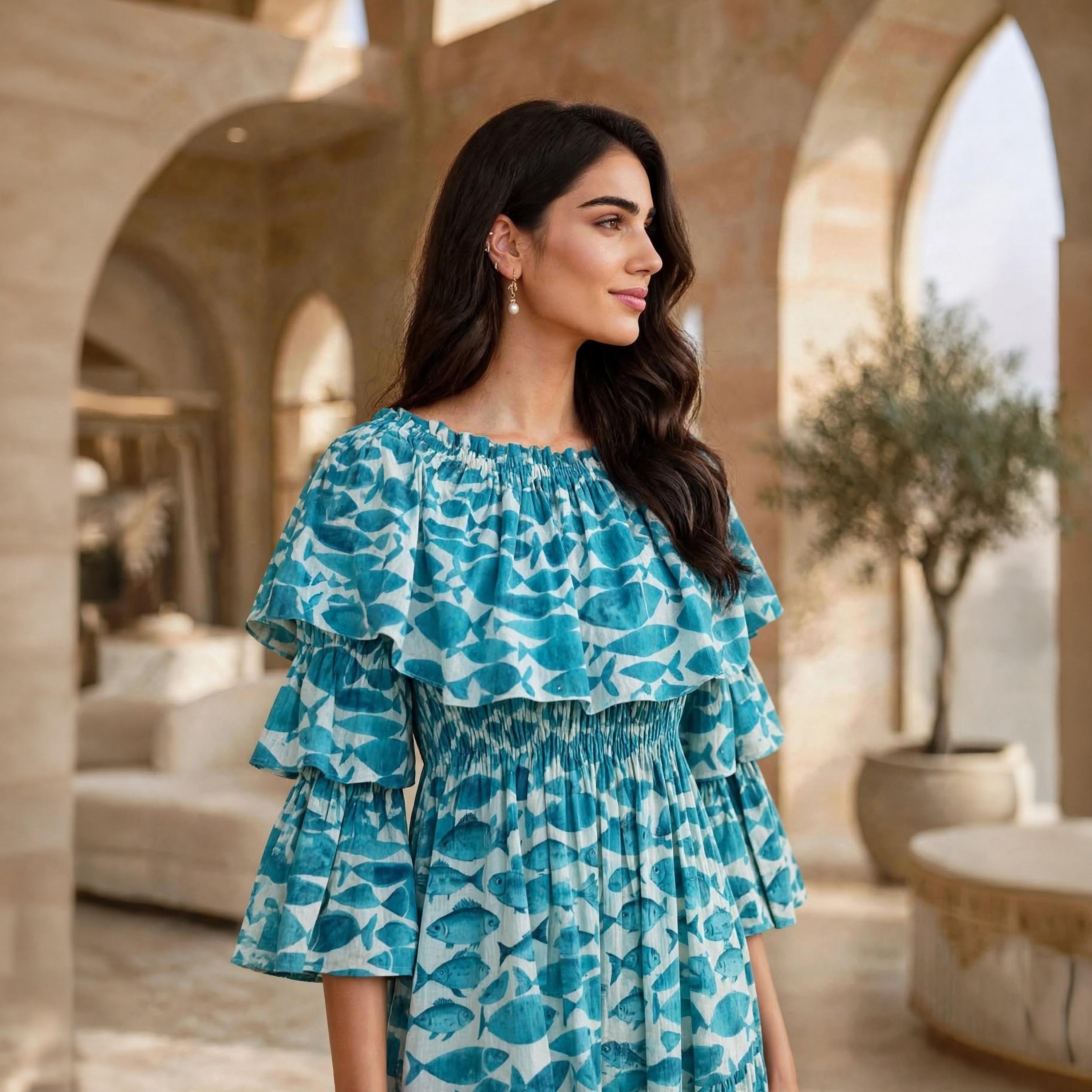 Ikkxa Fish Motif Print Off-Shoulder Ruffle Flared Sleeves Women's Tiered Jalabiya-women-arabicclothing-dresses-image-2