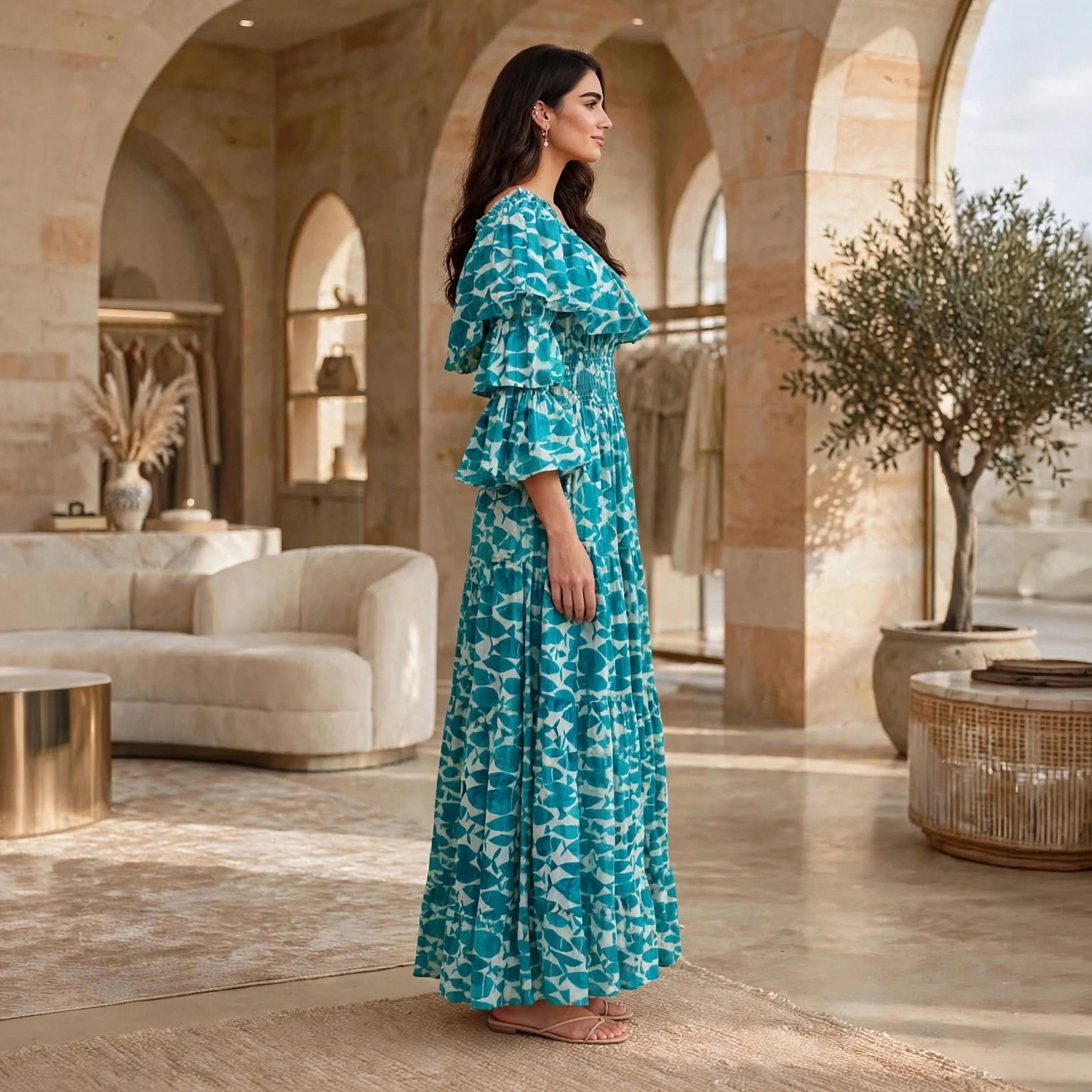 Ikkxa Fish Motif Print Off-Shoulder Ruffle Flared Sleeves Women's Tiered Jalabiya-women-arabicclothing-dresses-image-3