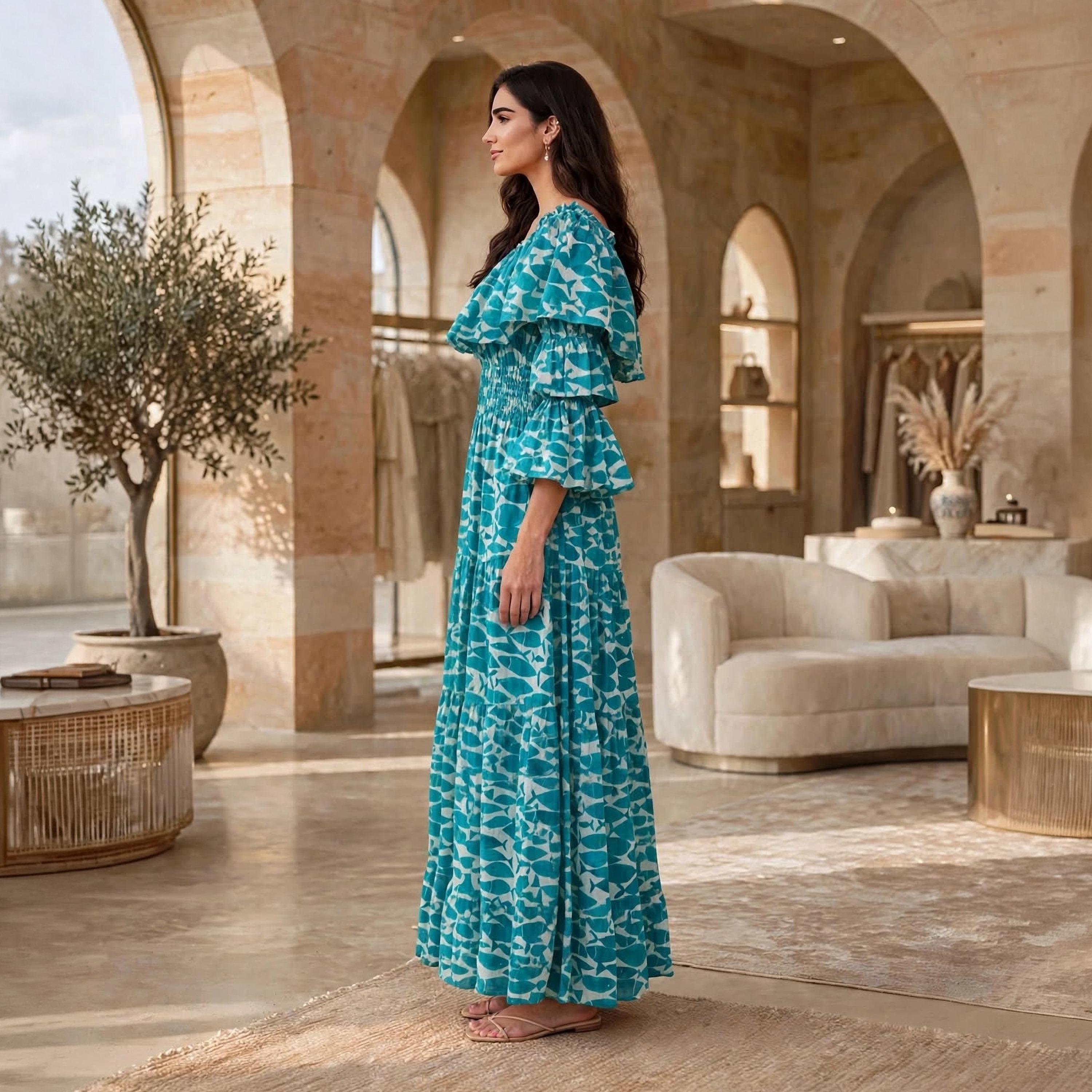 Ikkxa Fish Motif Print Off-Shoulder Ruffle Flared Sleeves Women's Tiered Jalabiya-women-arabicclothing-dresses-image-4
