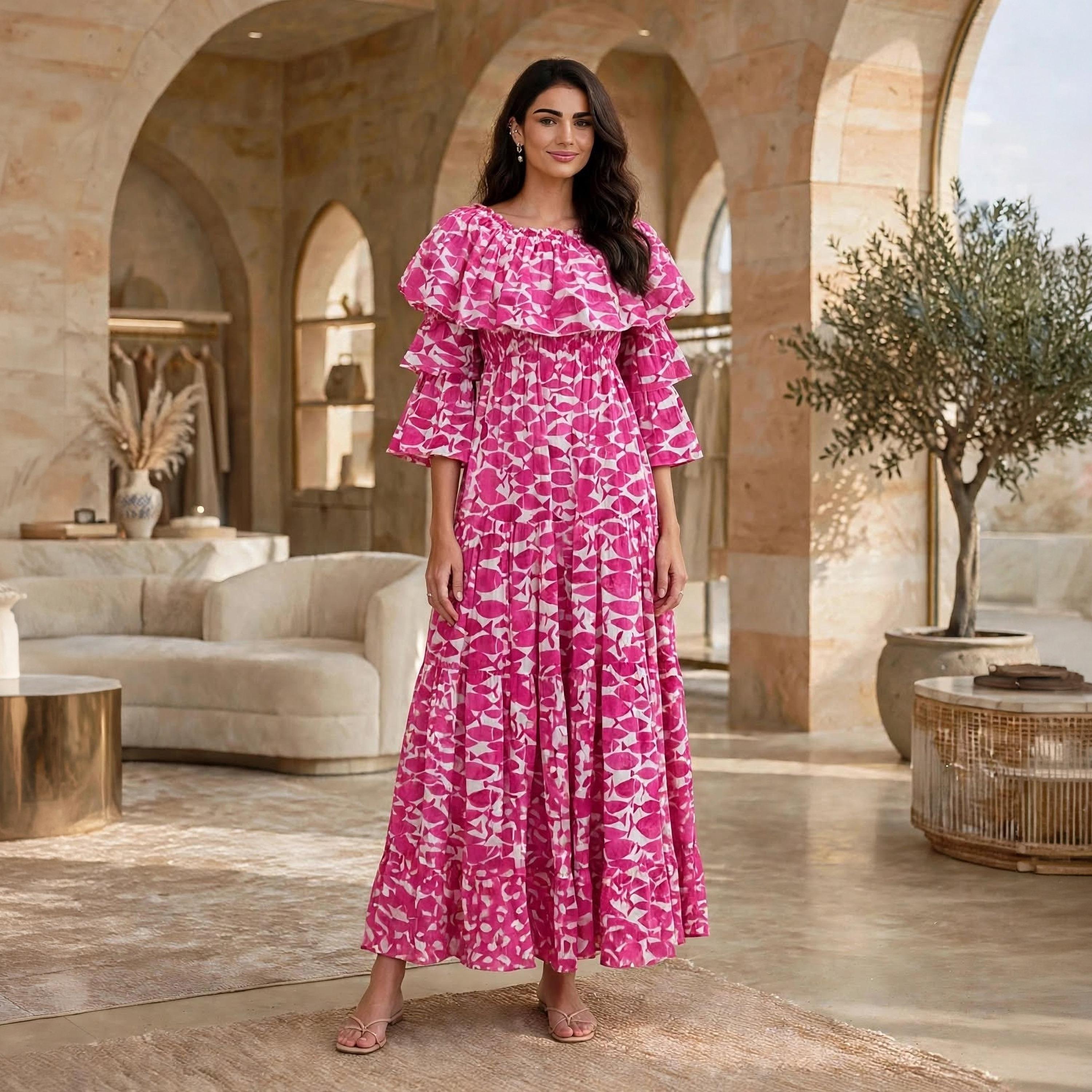 Ikkxa Fish Motif Print Off-Shoulder Ruffle Flared Sleeves Women's Tiered Jalabiya-women-arabicclothing-dresses-image-1