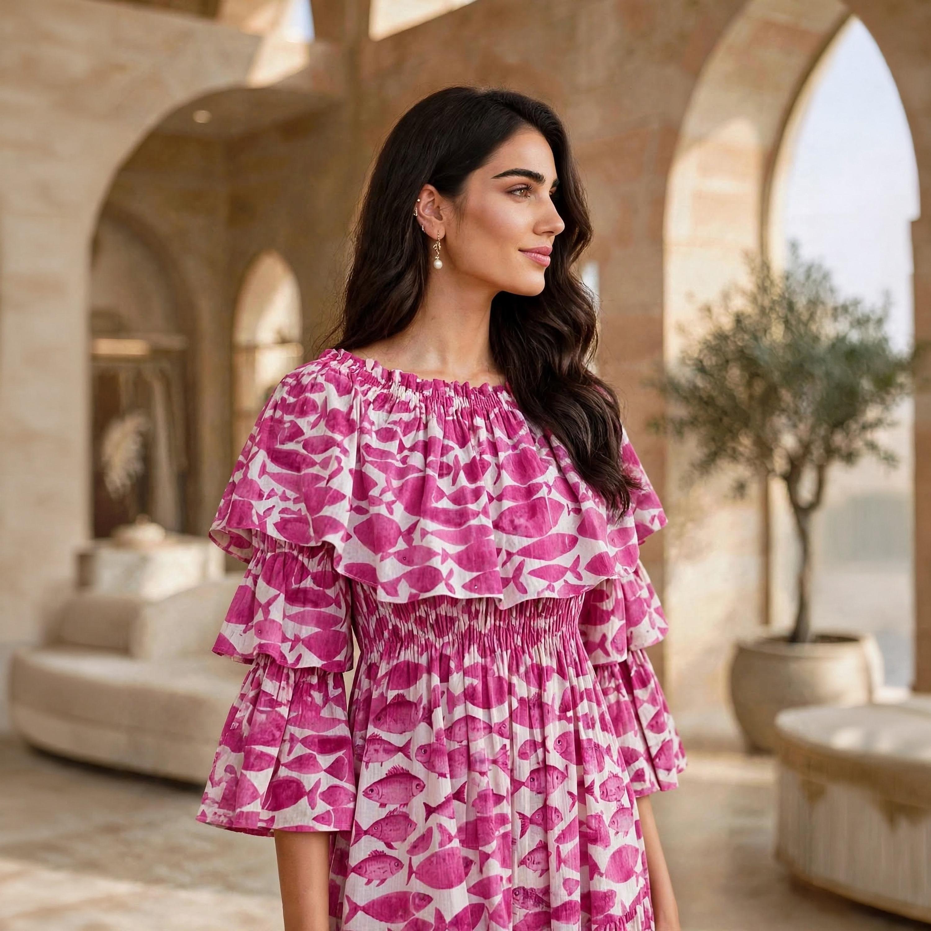 Ikkxa Fish Motif Print Off-Shoulder Ruffle Flared Sleeves Women's Tiered Jalabiya-women-arabicclothing-dresses-image-2