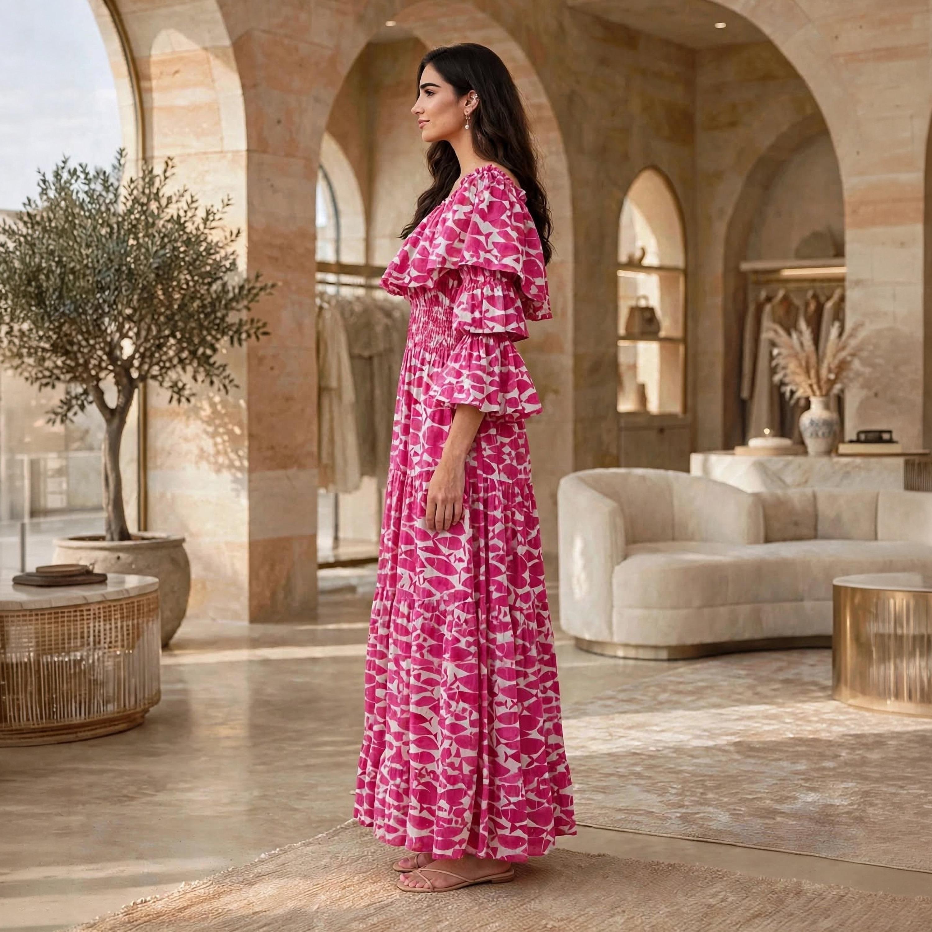 Ikkxa Fish Motif Print Off-Shoulder Ruffle Flared Sleeves Women's Tiered Jalabiya-women-arabicclothing-dresses-image-3