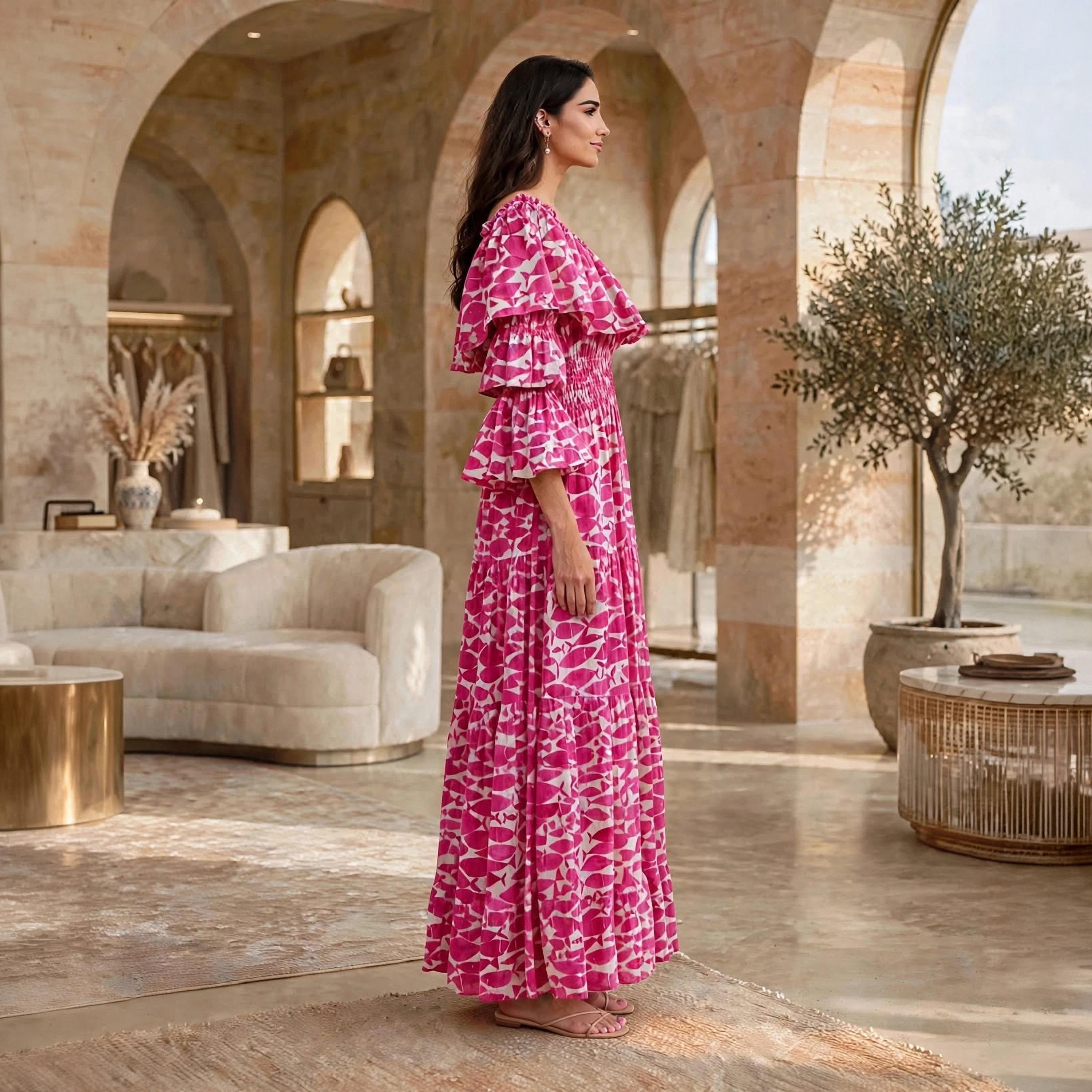 Ikkxa Fish Motif Print Off-Shoulder Ruffle Flared Sleeves Women's Tiered Jalabiya-women-arabicclothing-dresses-image-4