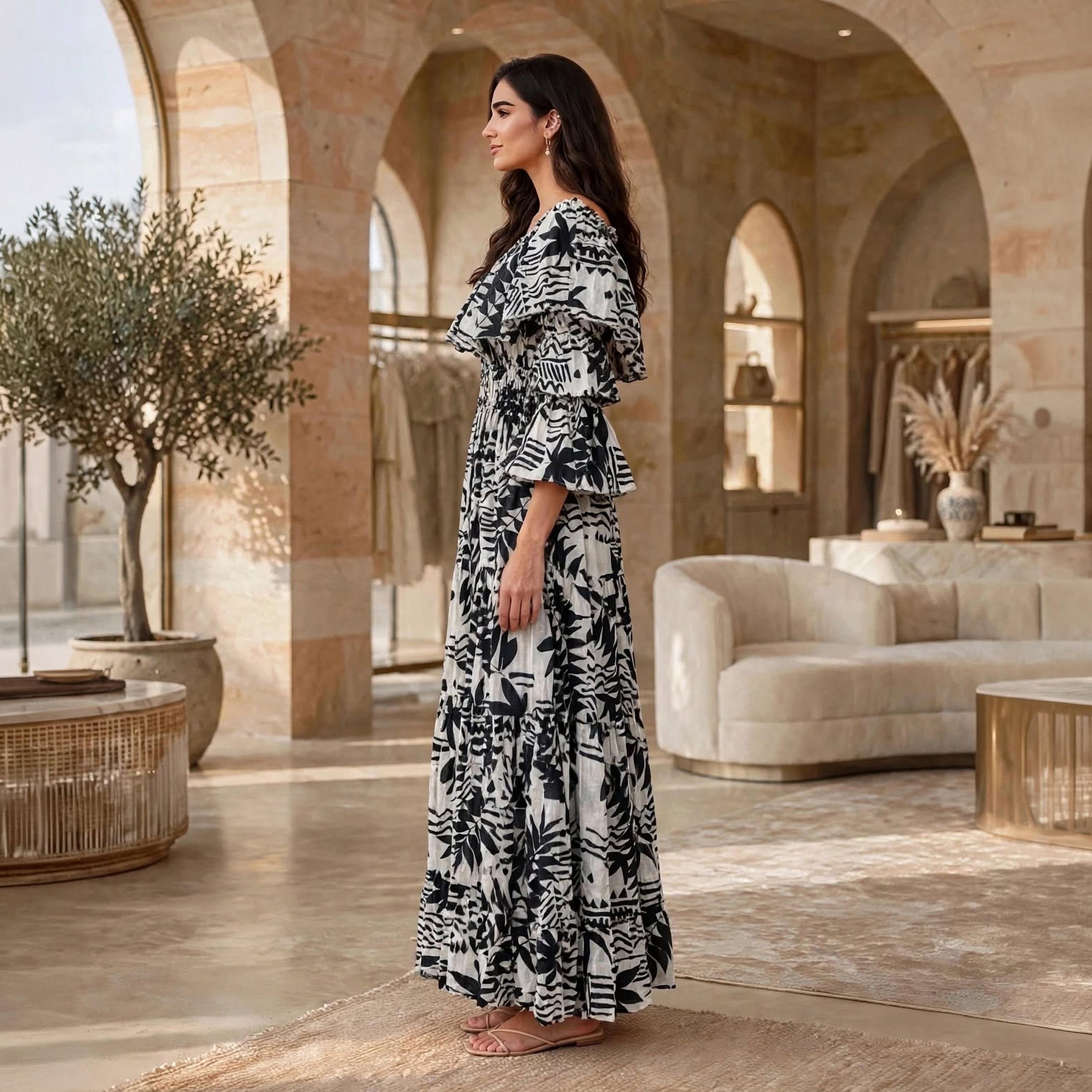 IKKXA Black Abstract Print Off-Shoulder Ruffle Flared Sleeves Women's Tiered Jalabiya-women-arabicclothing-dresses-image-3