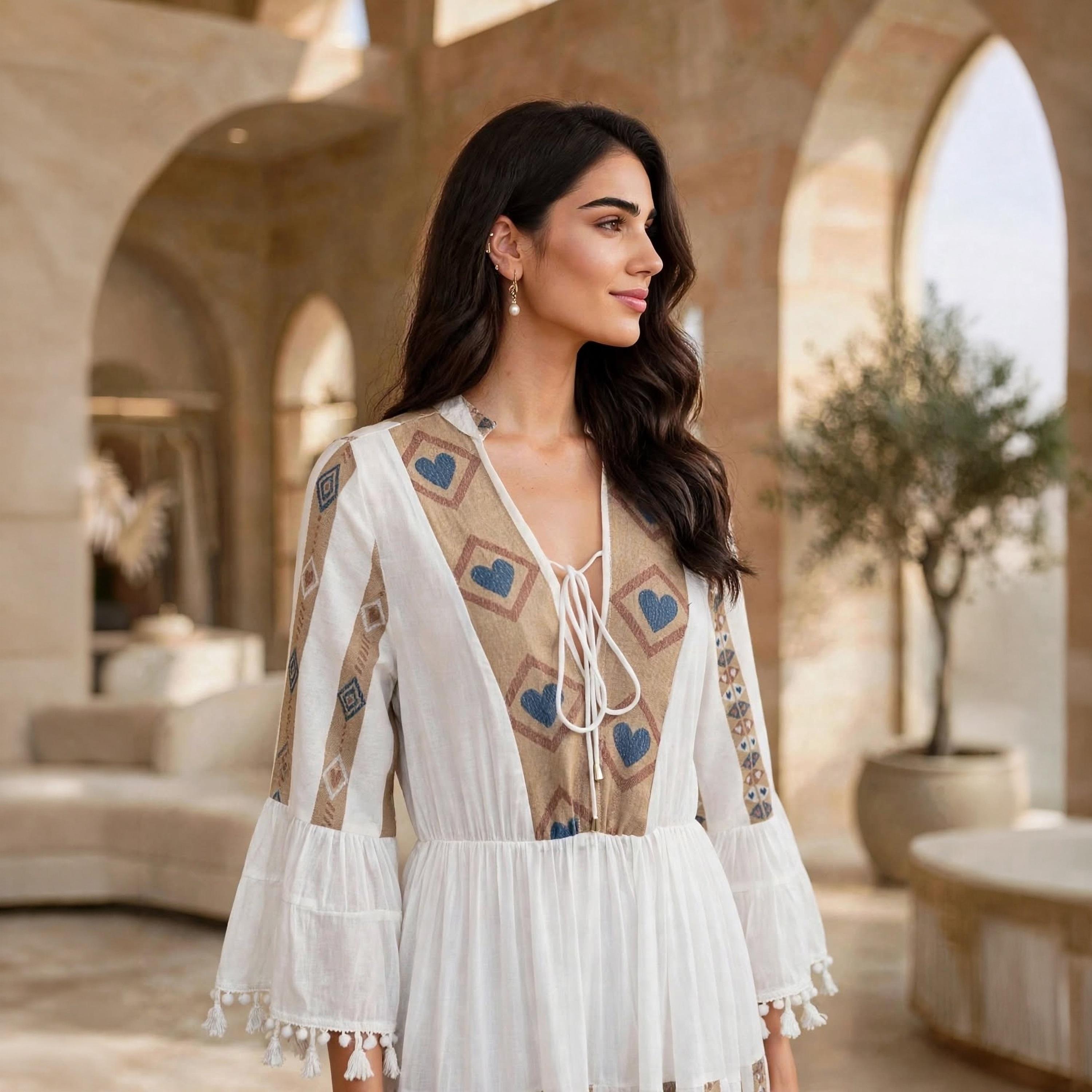 IKKXA White Color-Blocked Motif Tassel Trim Bell Sleeves Women's Flared Jalabiya-women-arabicclothing-dresses-image-2