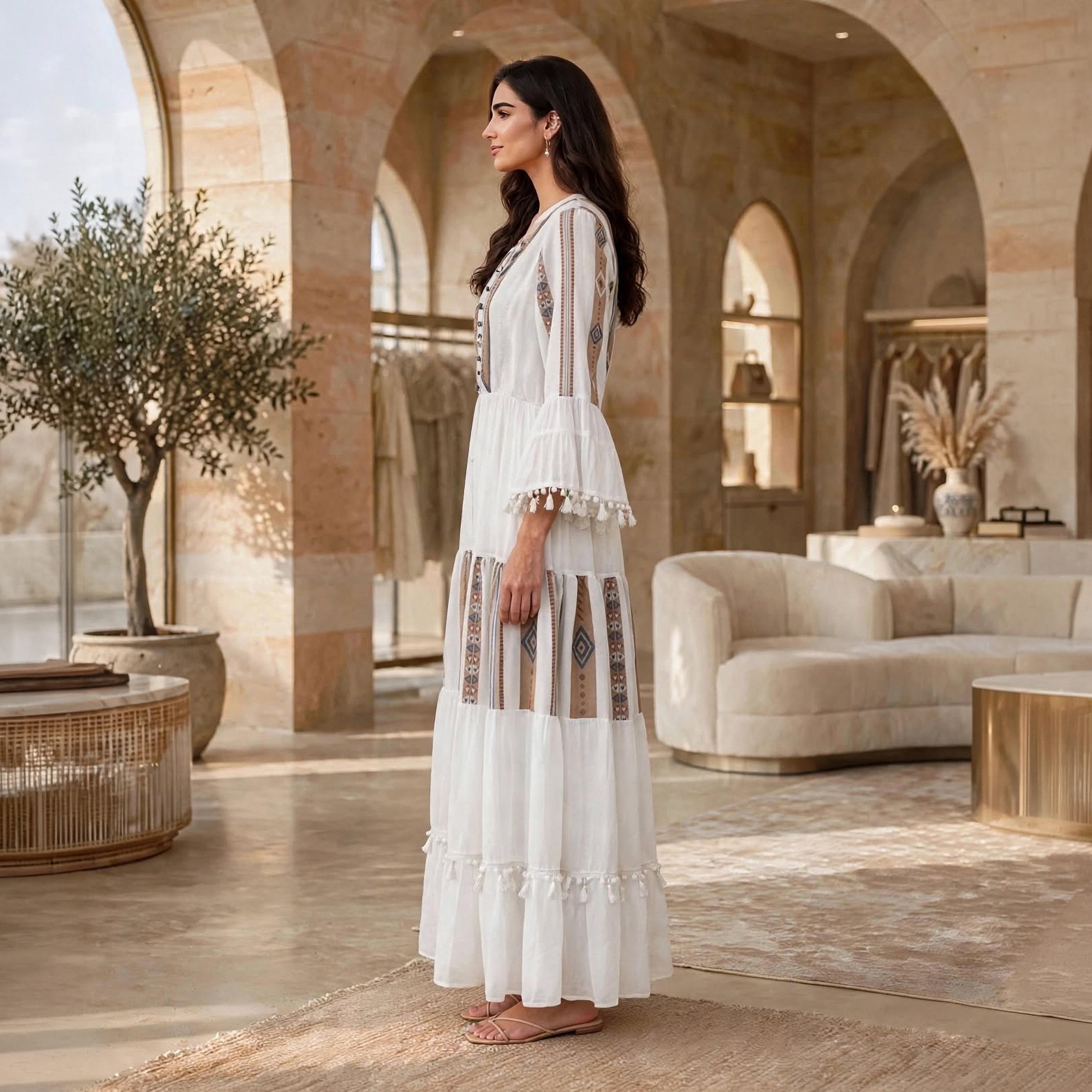 IKKXA White Color-Blocked Motif Tassel Trim Bell Sleeves Women's Flared Jalabiya-women-arabicclothing-dresses-image-3