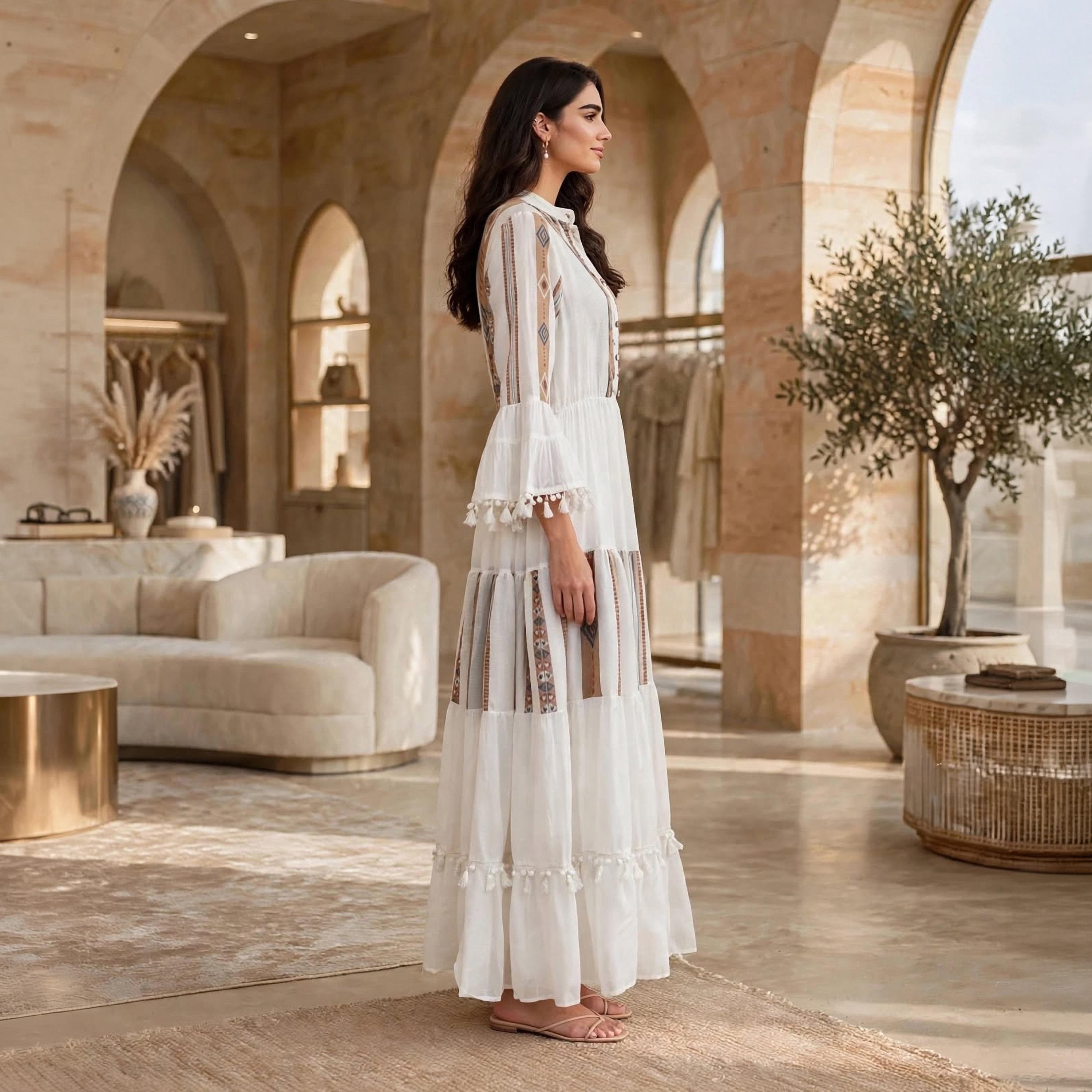 IKKXA White Color-Blocked Motif Tassel Trim Bell Sleeves Women's Flared Jalabiya-women-arabicclothing-dresses-image-4