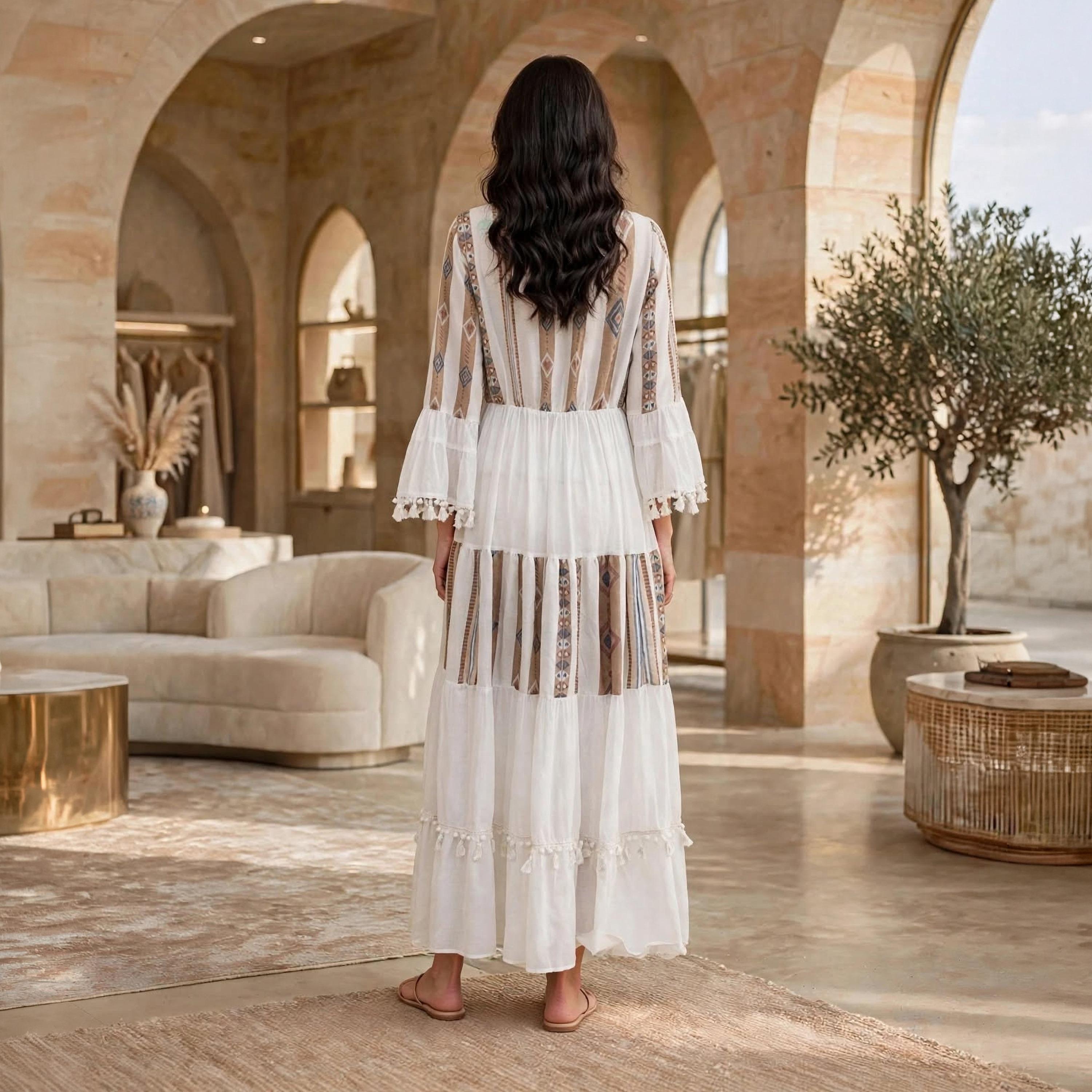 IKKXA White Color-Blocked Motif Tassel Trim Bell Sleeves Women's Flared Jalabiya-women-arabicclothing-dresses-image-5
