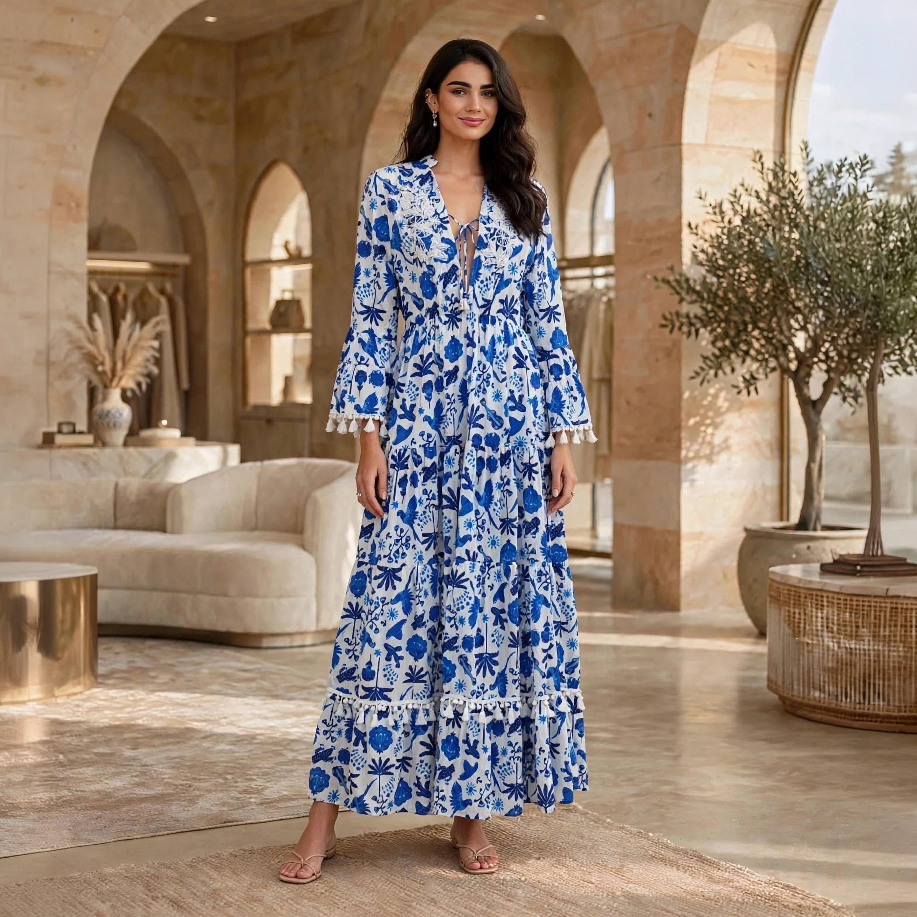 IKKXA Blue Floral Print Tassel Trim Bell Sleeves Women's Tiered Jalabiya-women-arabicclothing-dresses-image-1