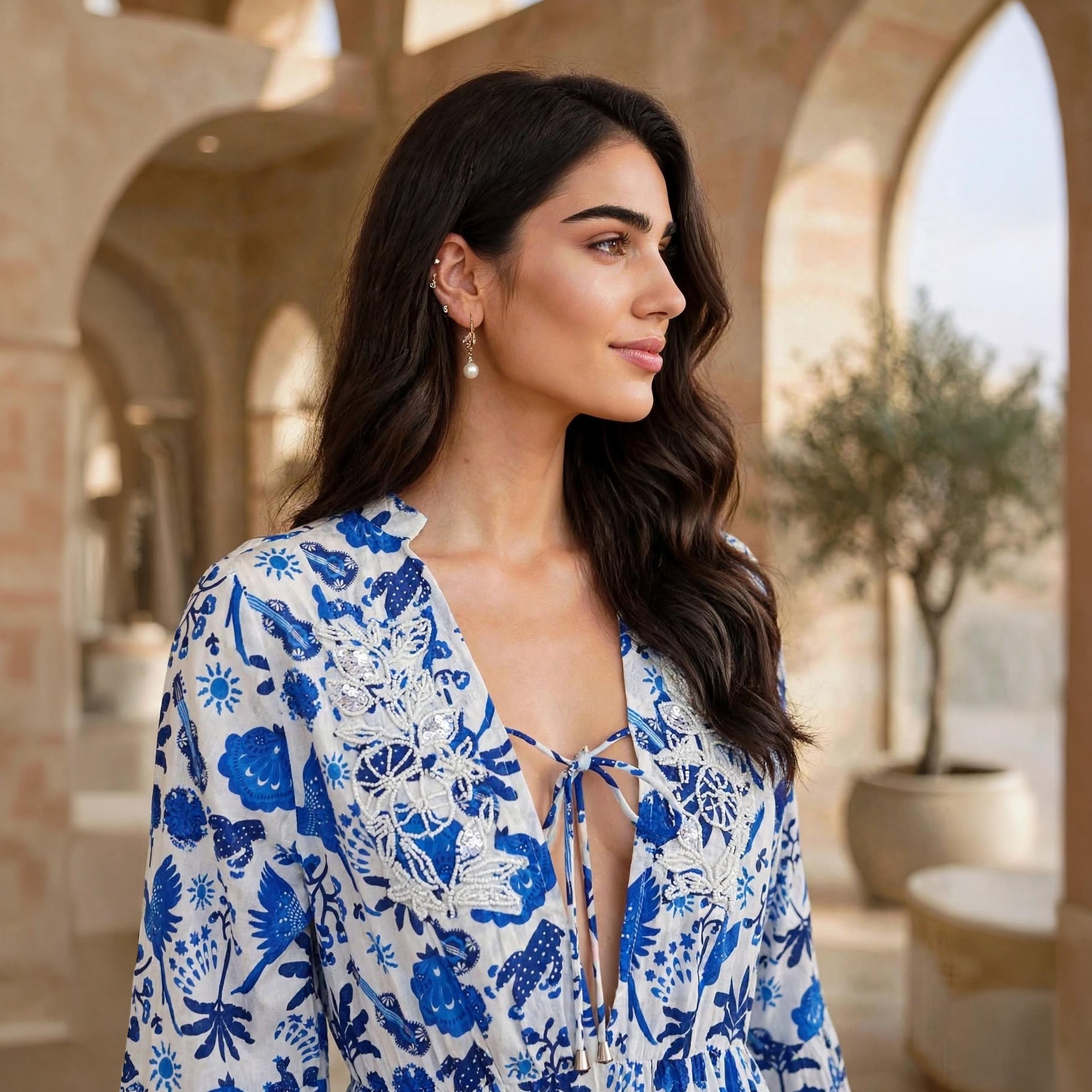 IKKXA Blue Floral Print Tassel Trim Bell Sleeves Women's Tiered Jalabiya-women-arabicclothing-dresses-image-2