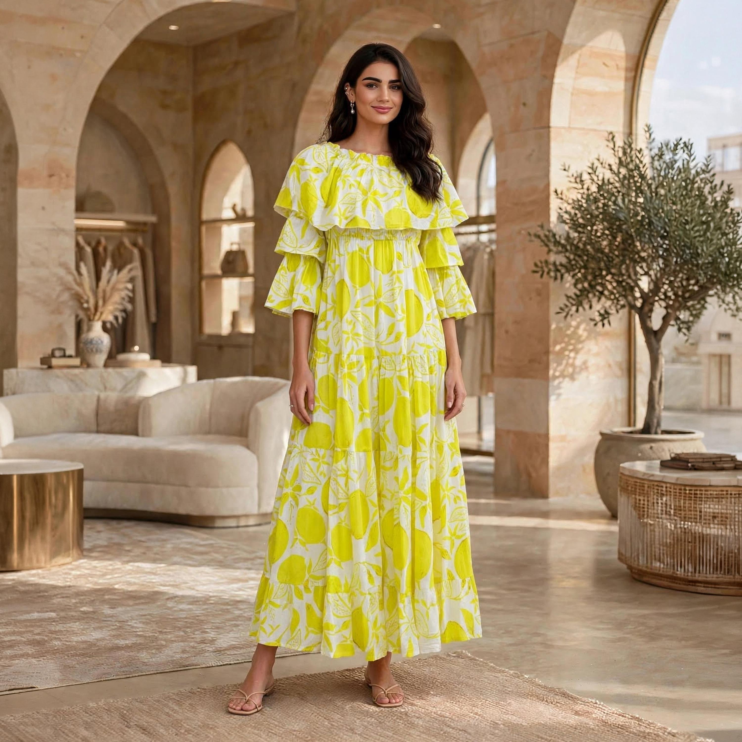 جلابية حريمي بطبقات باللون الأصفر مكشوفة الأكتاف بكشكشة وأكمام واسعة من إككسا-women-arabicclothing-dresses-image-1