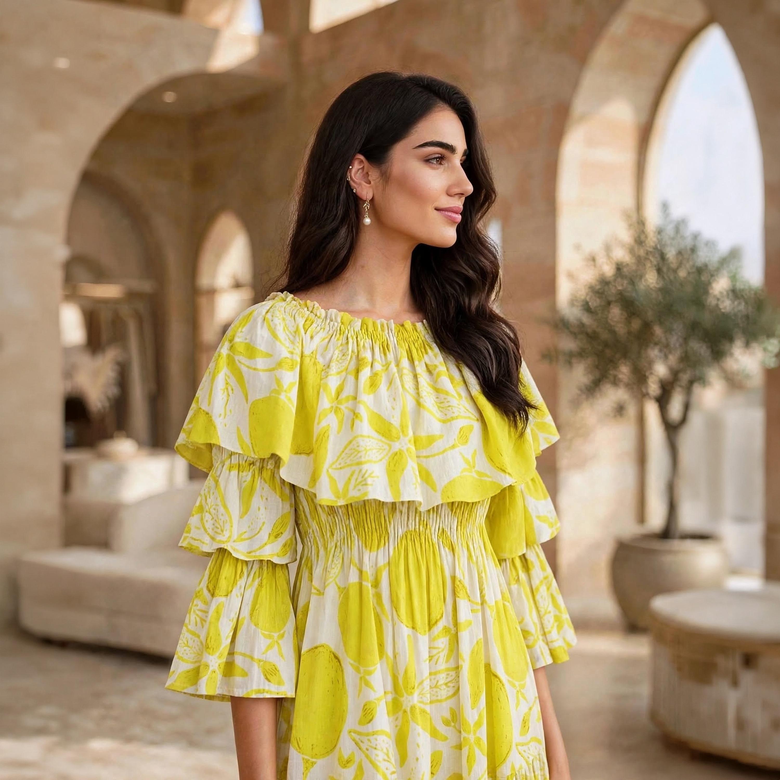 جلابية حريمي بطبقات باللون الأصفر مكشوفة الأكتاف بكشكشة وأكمام واسعة من إككسا-women-arabicclothing-dresses-image-2
