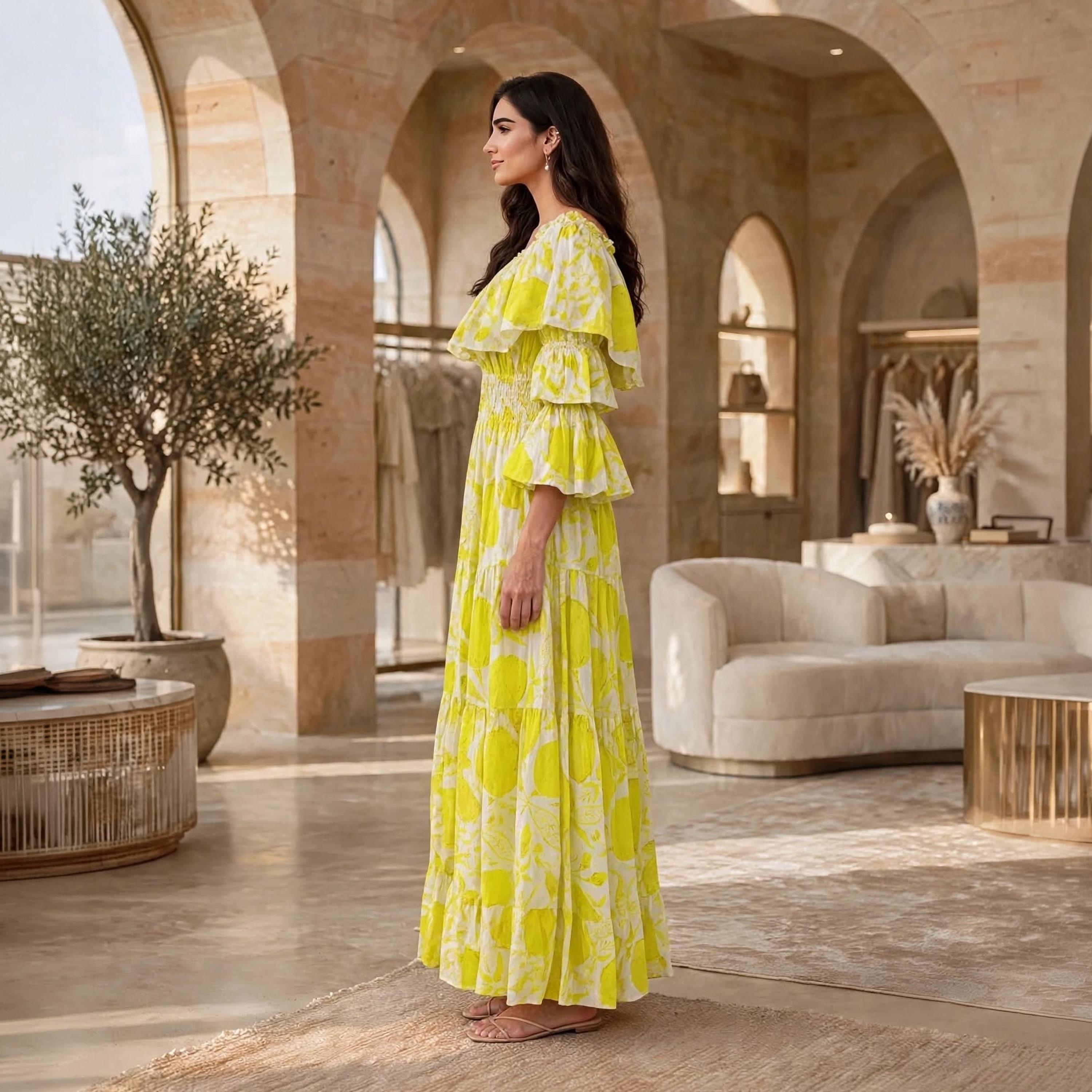 جلابية حريمي بطبقات باللون الأصفر مكشوفة الأكتاف بكشكشة وأكمام واسعة من إككسا-women-arabicclothing-dresses-image-3
