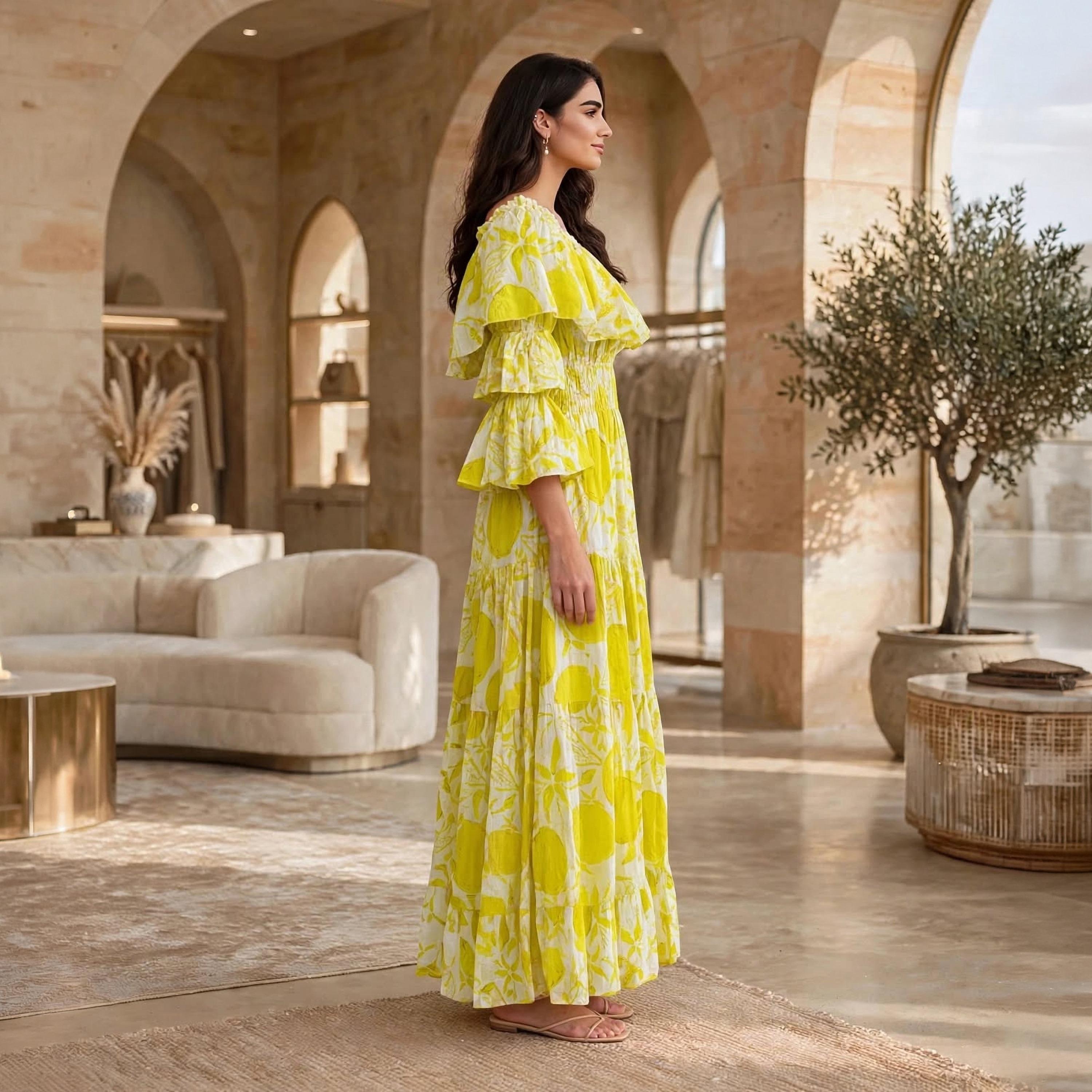 جلابية حريمي بطبقات باللون الأصفر مكشوفة الأكتاف بكشكشة وأكمام واسعة من إككسا-women-arabicclothing-dresses-image-4