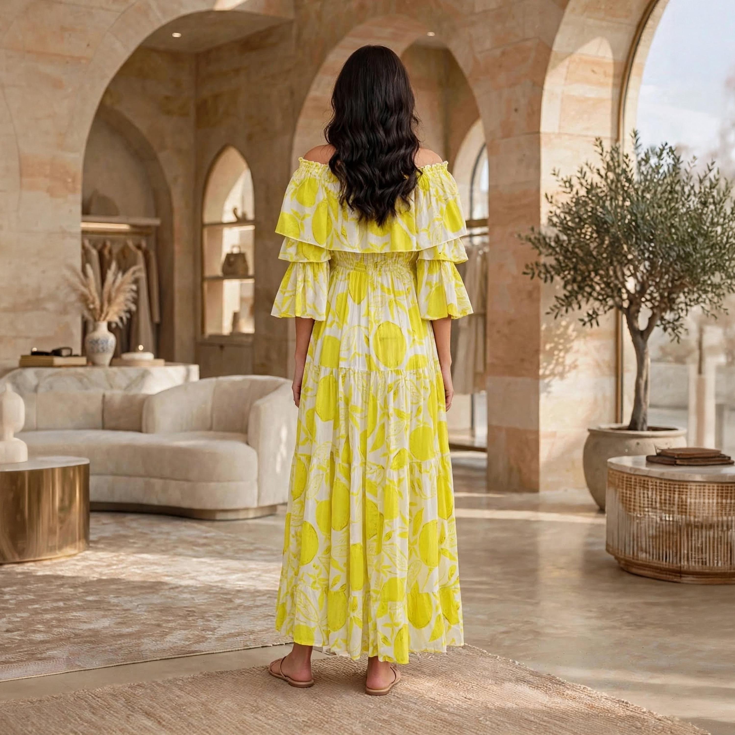IKKXA Yellow Off-Shoulder Ruffle Flared Sleeves Women's Tiered Jalabiya-women-arabicclothing-dresses-image-5