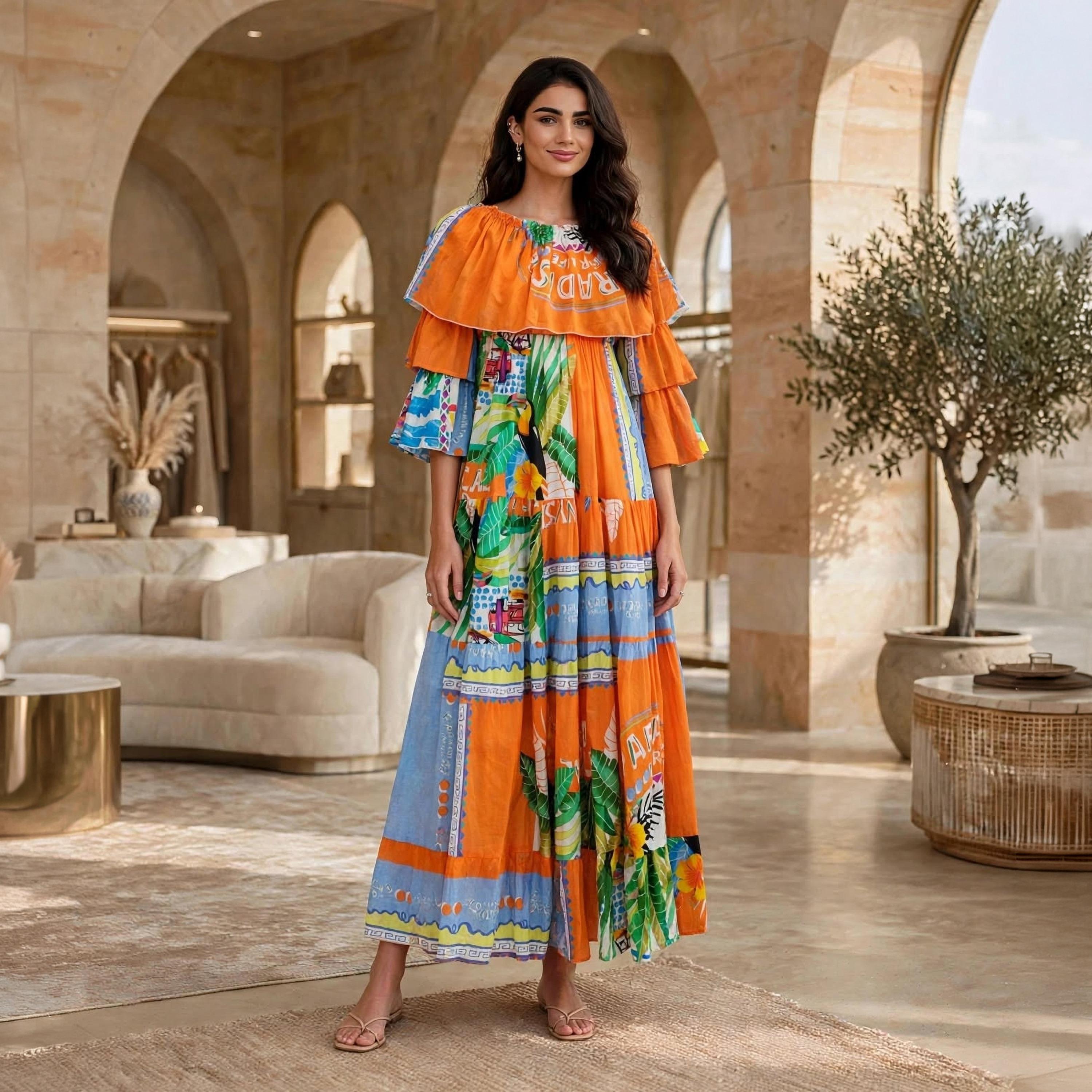 IKKXA Orange Tropical Patchwork Off-Shoulder Ruffle Flared Sleeves Women's Tiered Jalabiya-women-arabicclothing-dresses-image-1