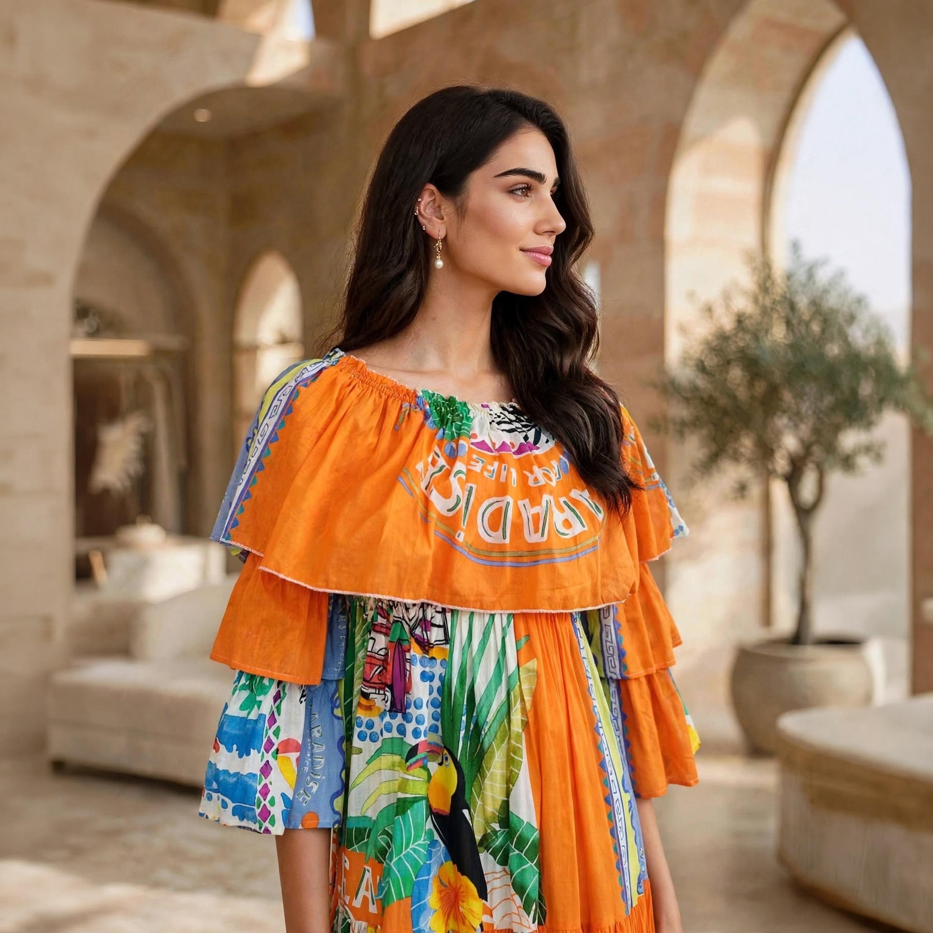 IKKXA Orange Tropical Patchwork Off-Shoulder Ruffle Flared Sleeves Women's Tiered Jalabiya-women-arabicclothing-dresses-image-2