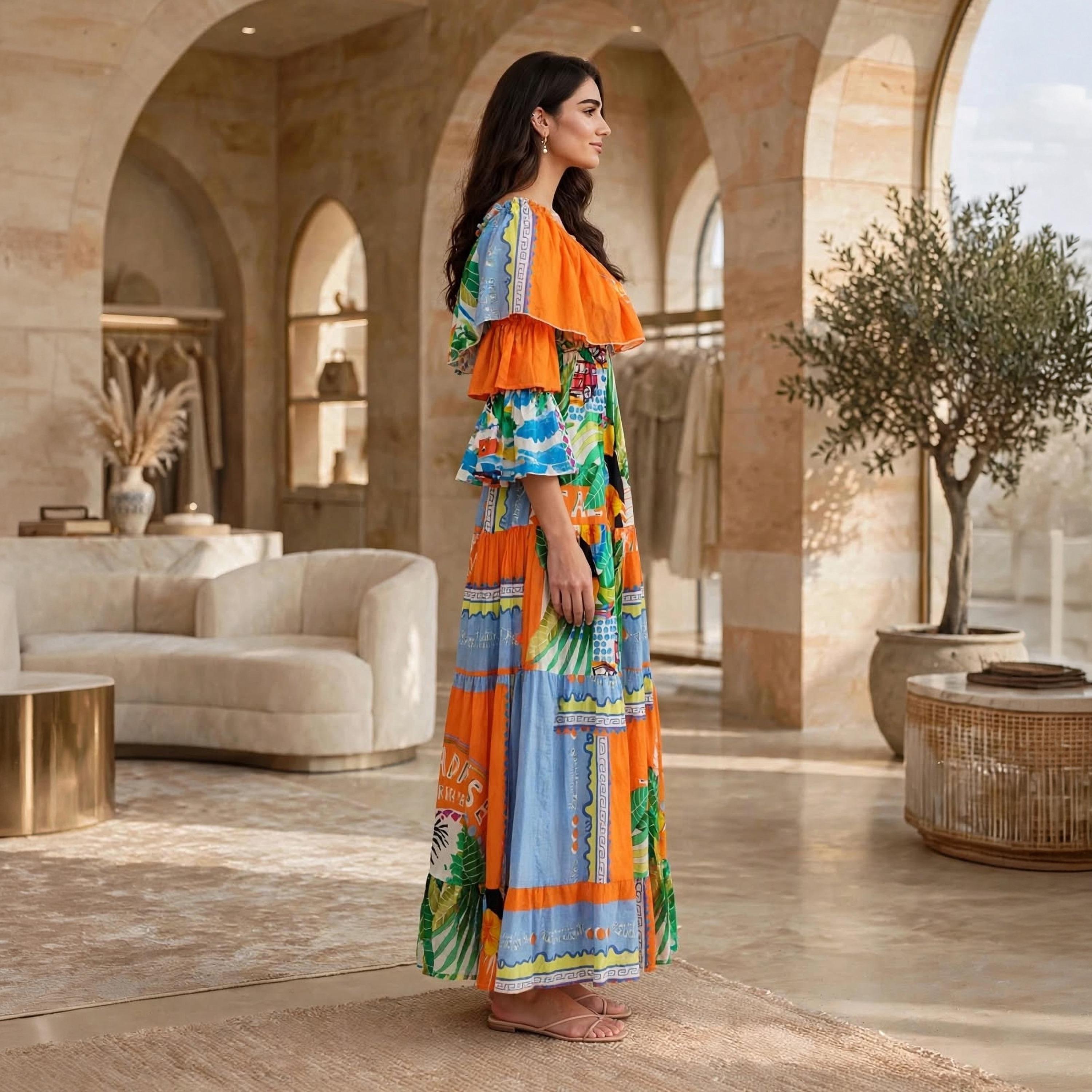 IKKXA Orange Tropical Patchwork Off-Shoulder Ruffle Flared Sleeves Women's Tiered Jalabiya-women-arabicclothing-dresses-image-3