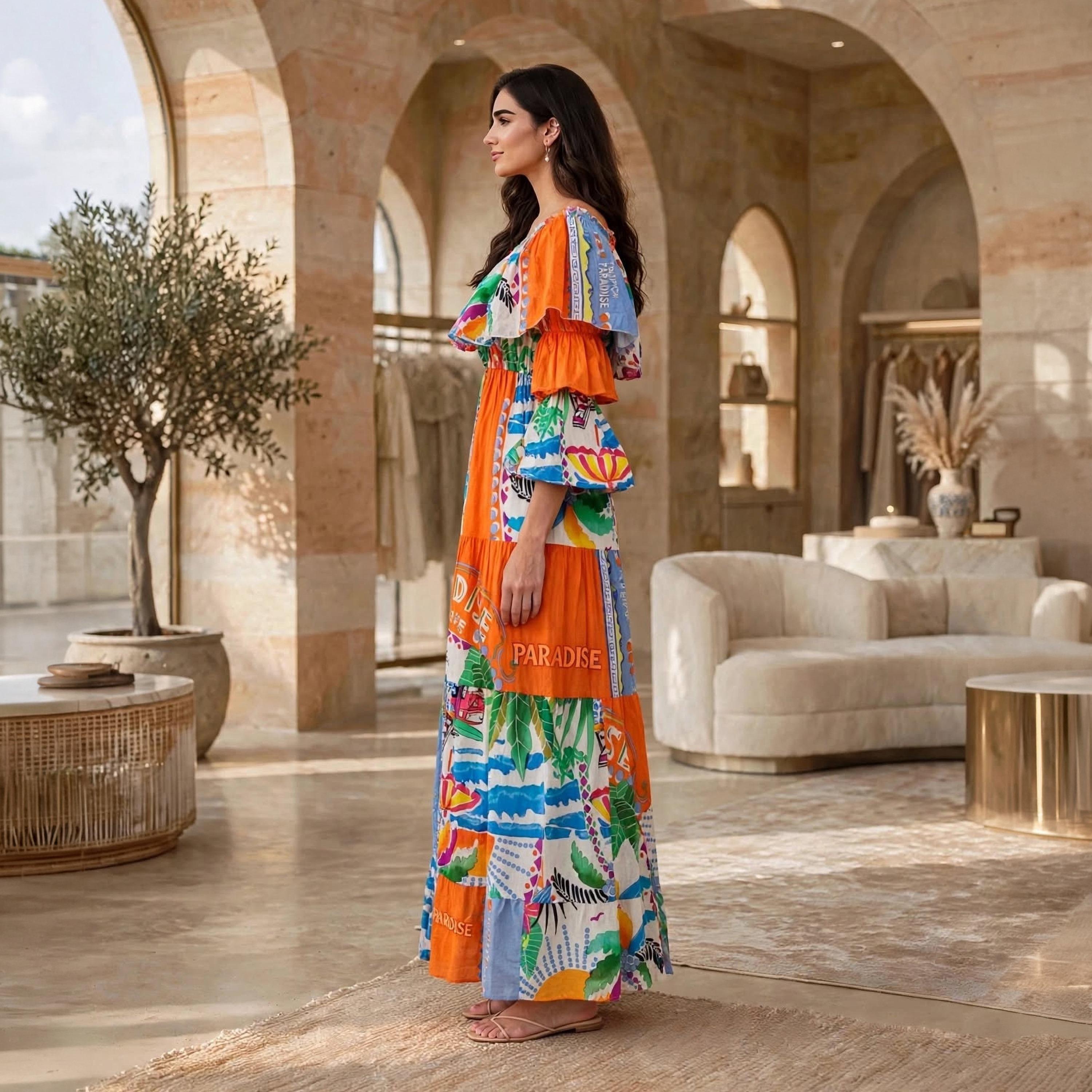 IKKXA Orange Tropical Patchwork Off-Shoulder Ruffle Flared Sleeves Women's Tiered Jalabiya-women-arabicclothing-dresses-image-4