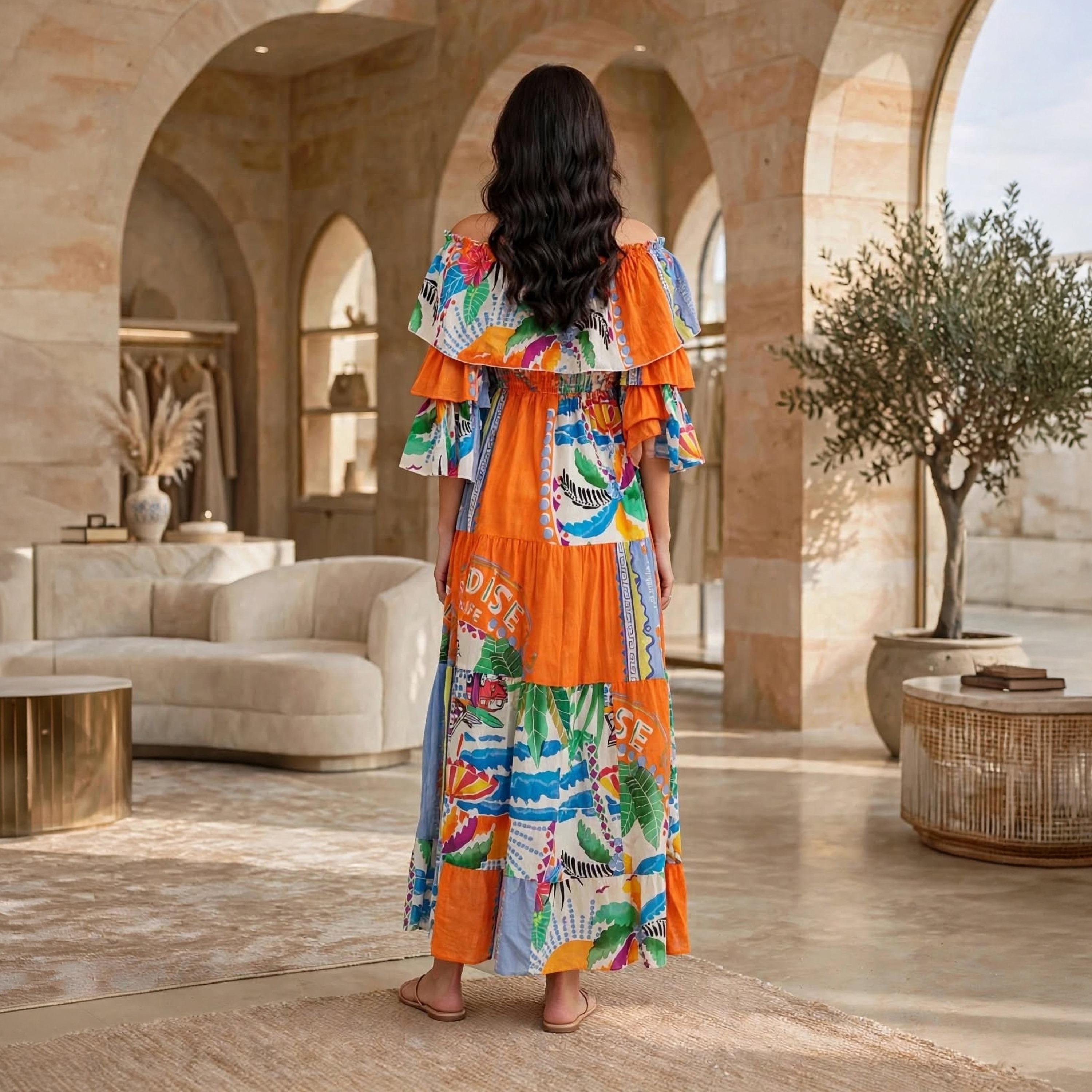 IKKXA Orange Tropical Patchwork Off-Shoulder Ruffle Flared Sleeves Women's Tiered Jalabiya-women-arabicclothing-dresses-image-5