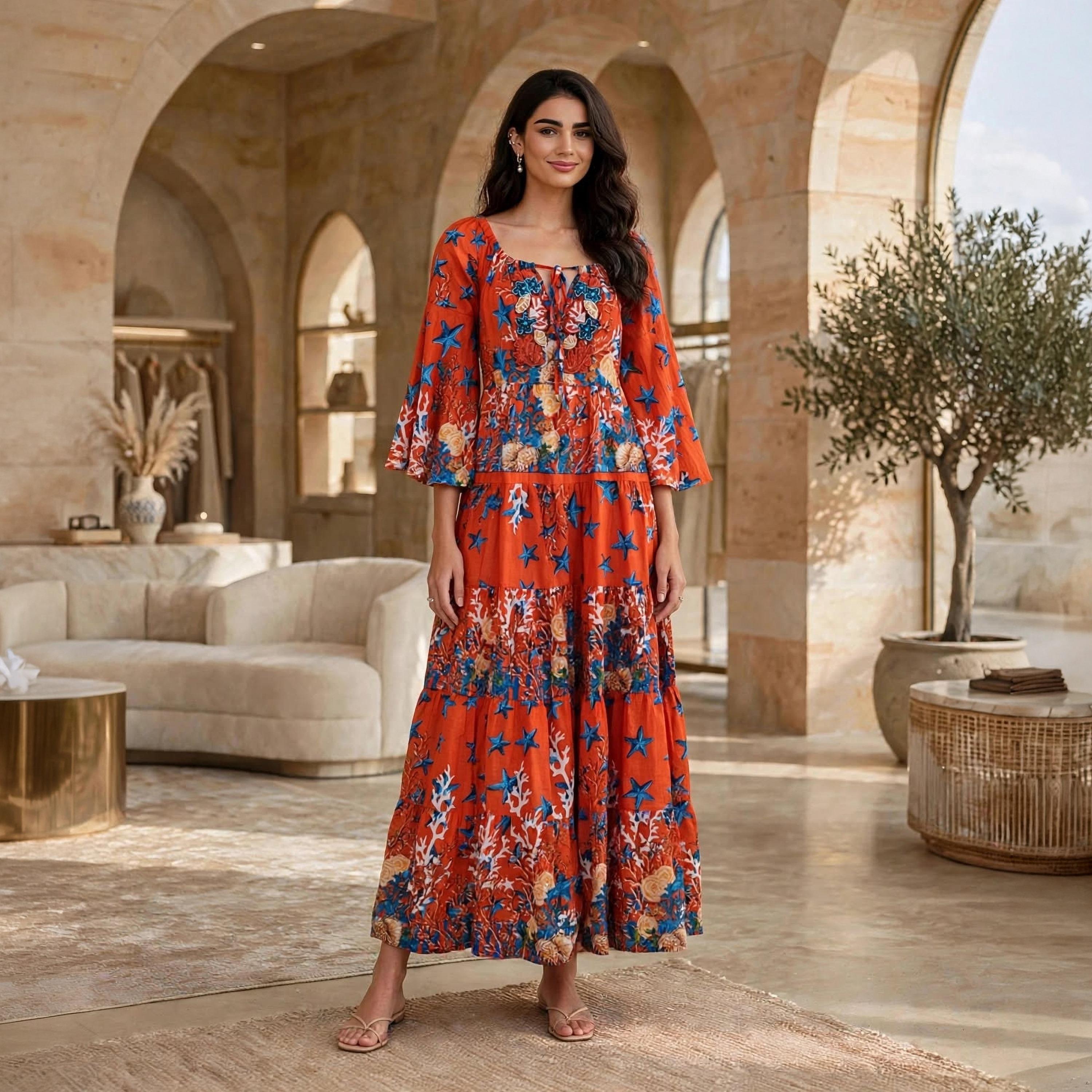 جلابية حريمي بطبقات بطبعة المرجان ونجم البحر الأحمر برقبة برباط وأكمام واسعة من إيكسا-women-arabicclothing-dresses-image-1
