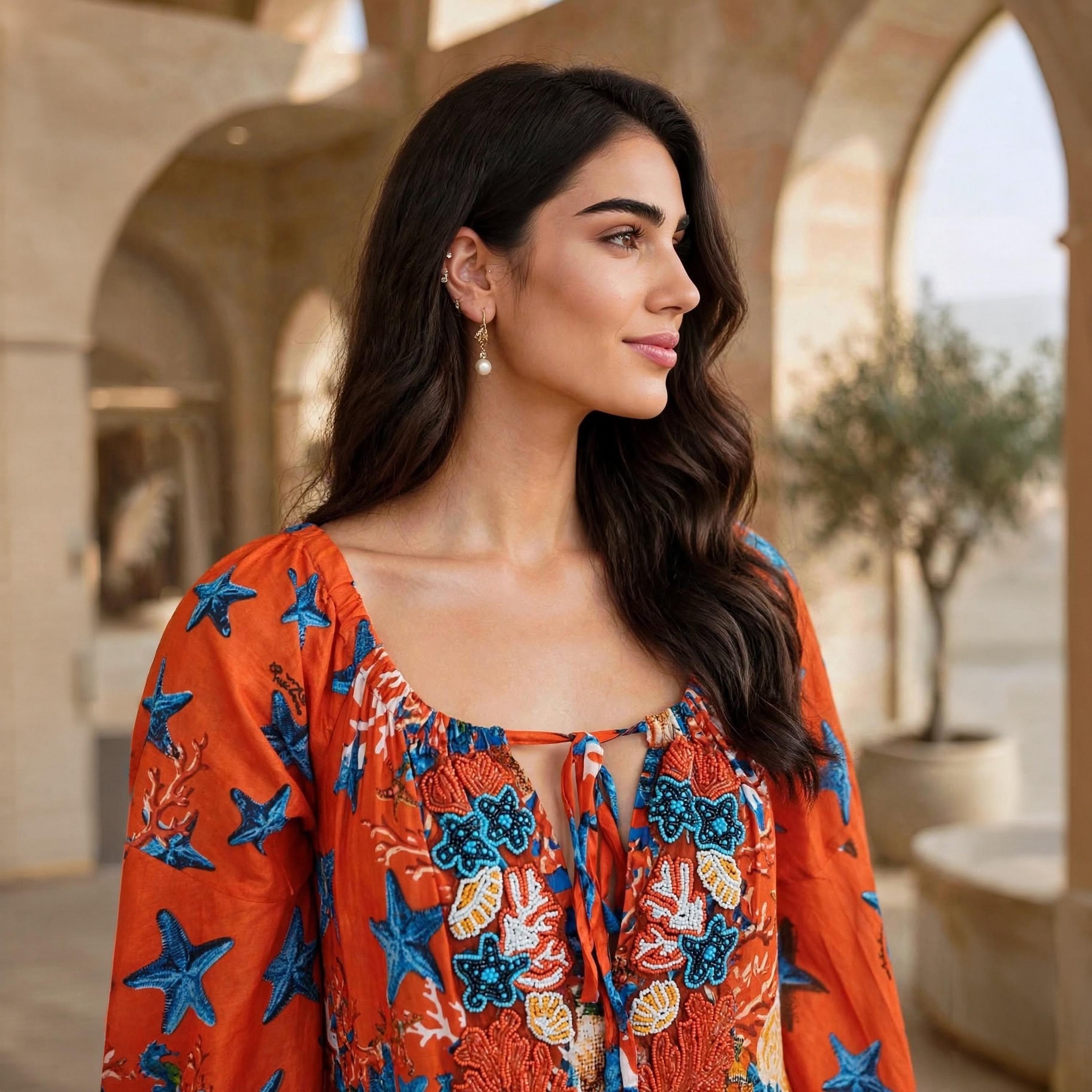 IKKXA Red Coral Starfish Tie-Up Neck Flared Sleeves Women's Tiered Jalabiya-women-arabicclothing-dresses-image-2