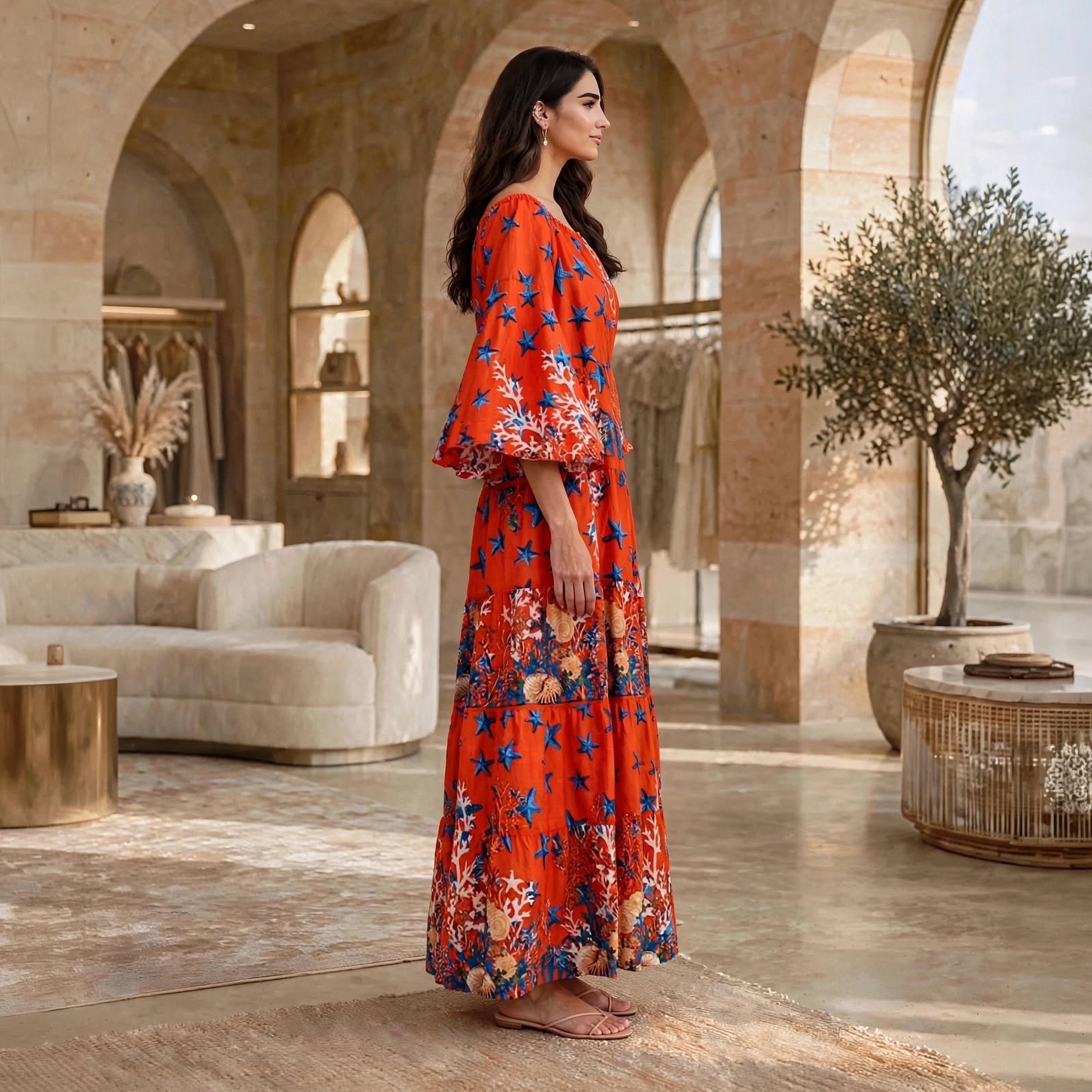 جلابية حريمي بطبقات بطبعة المرجان ونجم البحر الأحمر برقبة برباط وأكمام واسعة من إيكسا-women-arabicclothing-dresses-image-3