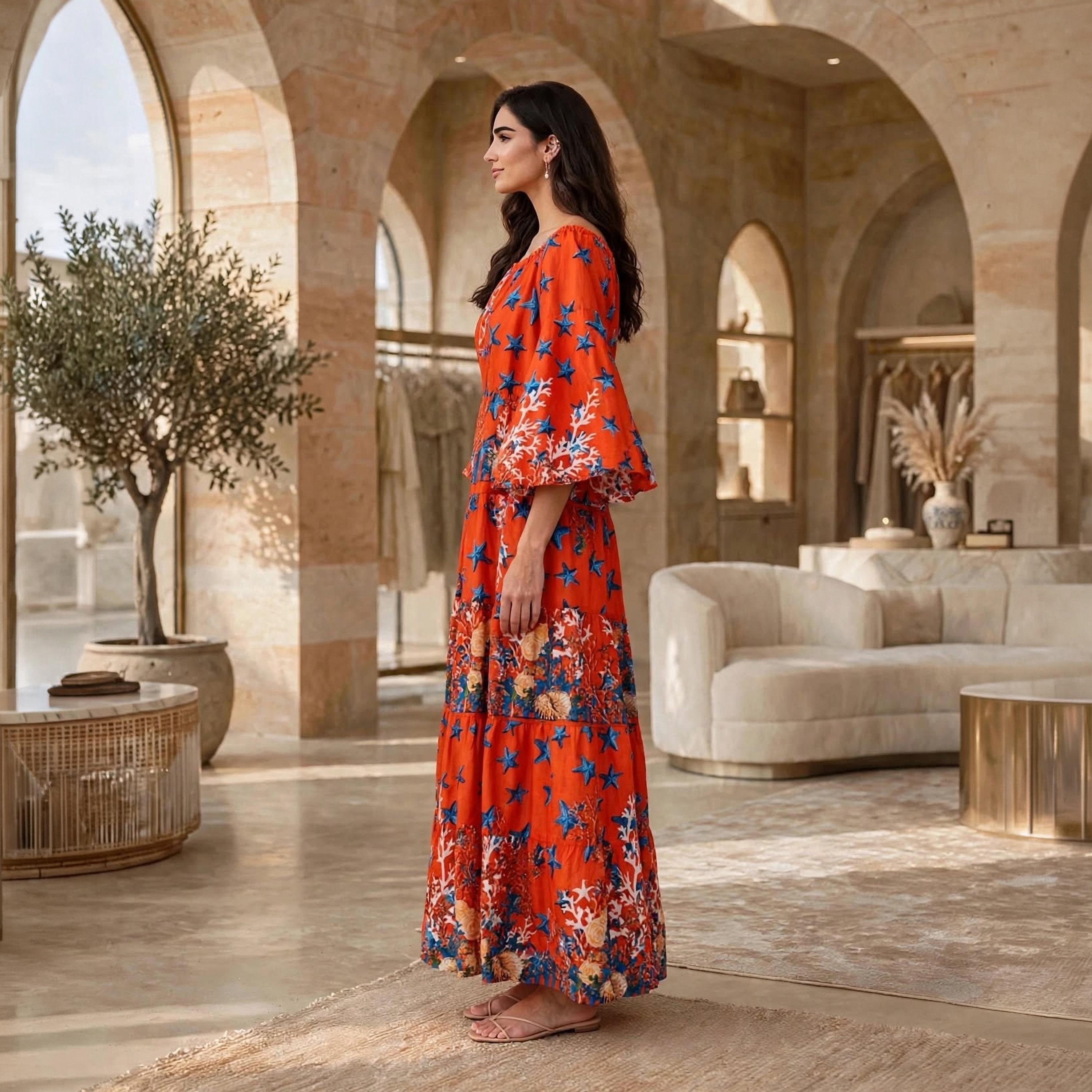 جلابية حريمي بطبقات بطبعة المرجان ونجم البحر الأحمر برقبة برباط وأكمام واسعة من إيكسا-women-arabicclothing-dresses-image-4