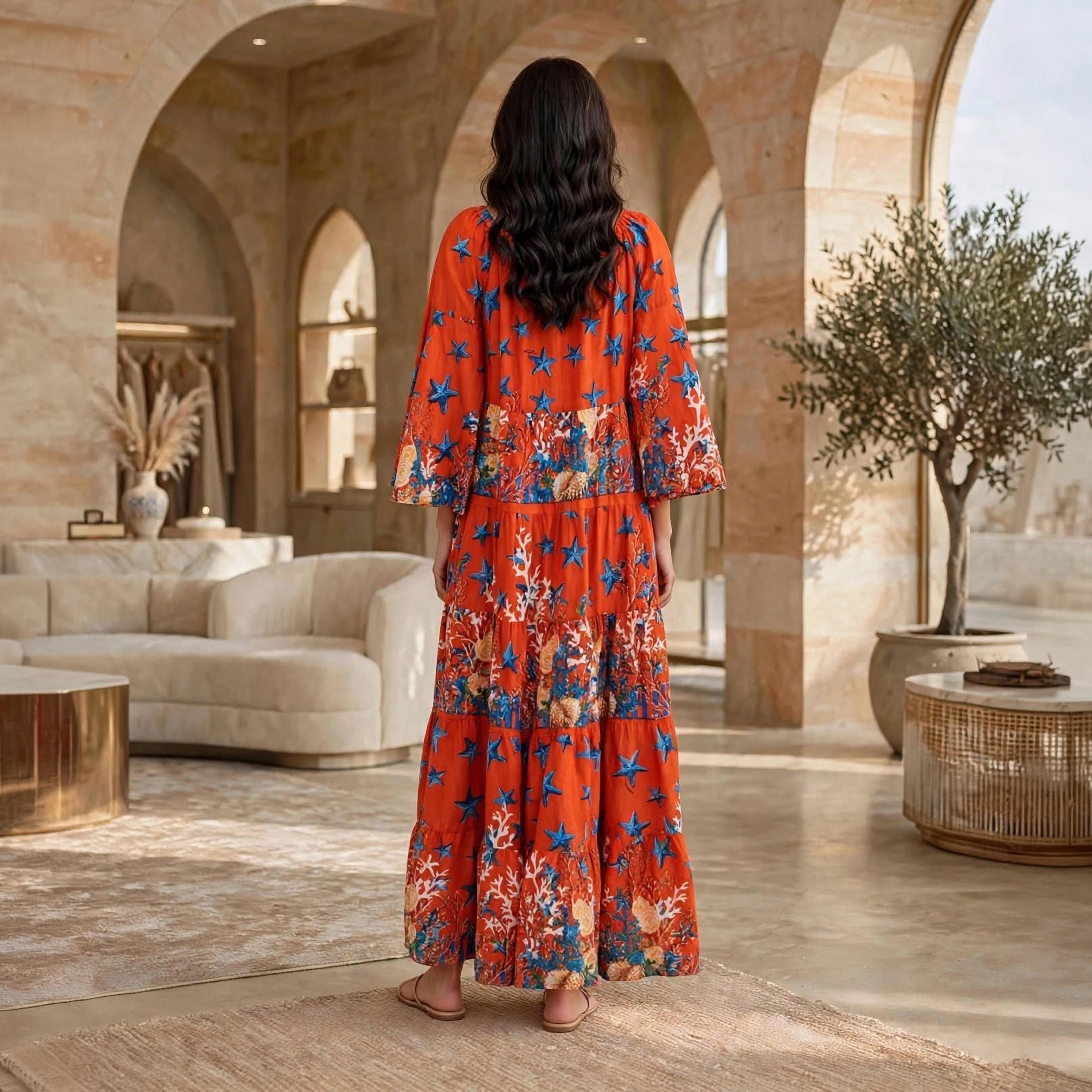 IKKXA Red Coral Starfish Tie-Up Neck Flared Sleeves Women's Tiered Jalabiya-women-arabicclothing-dresses-image-5