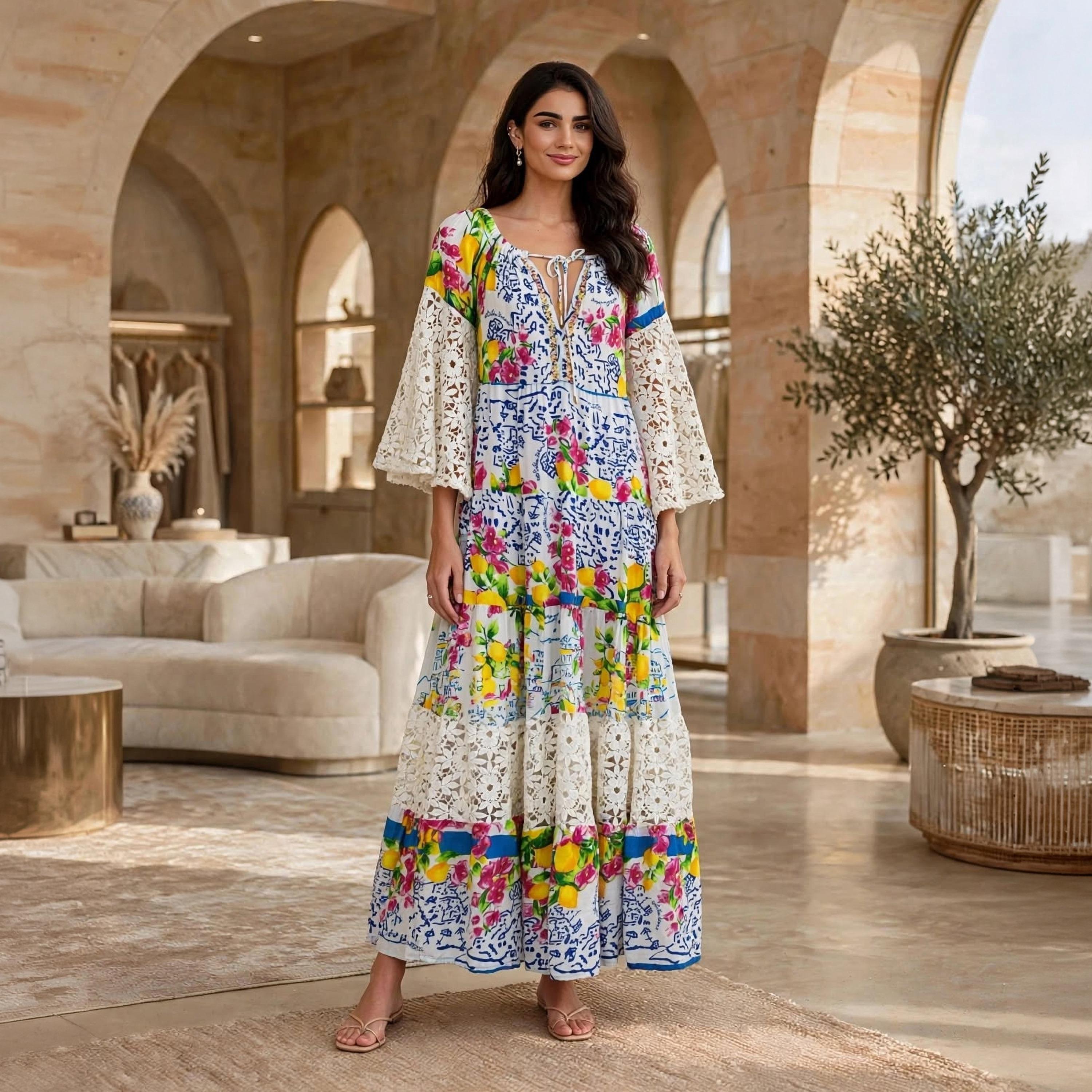 IKKXA White Floral Print Lace Bell Sleeves Women's Tiered Jalabiya-women-arabicclothing-dresses-image-1