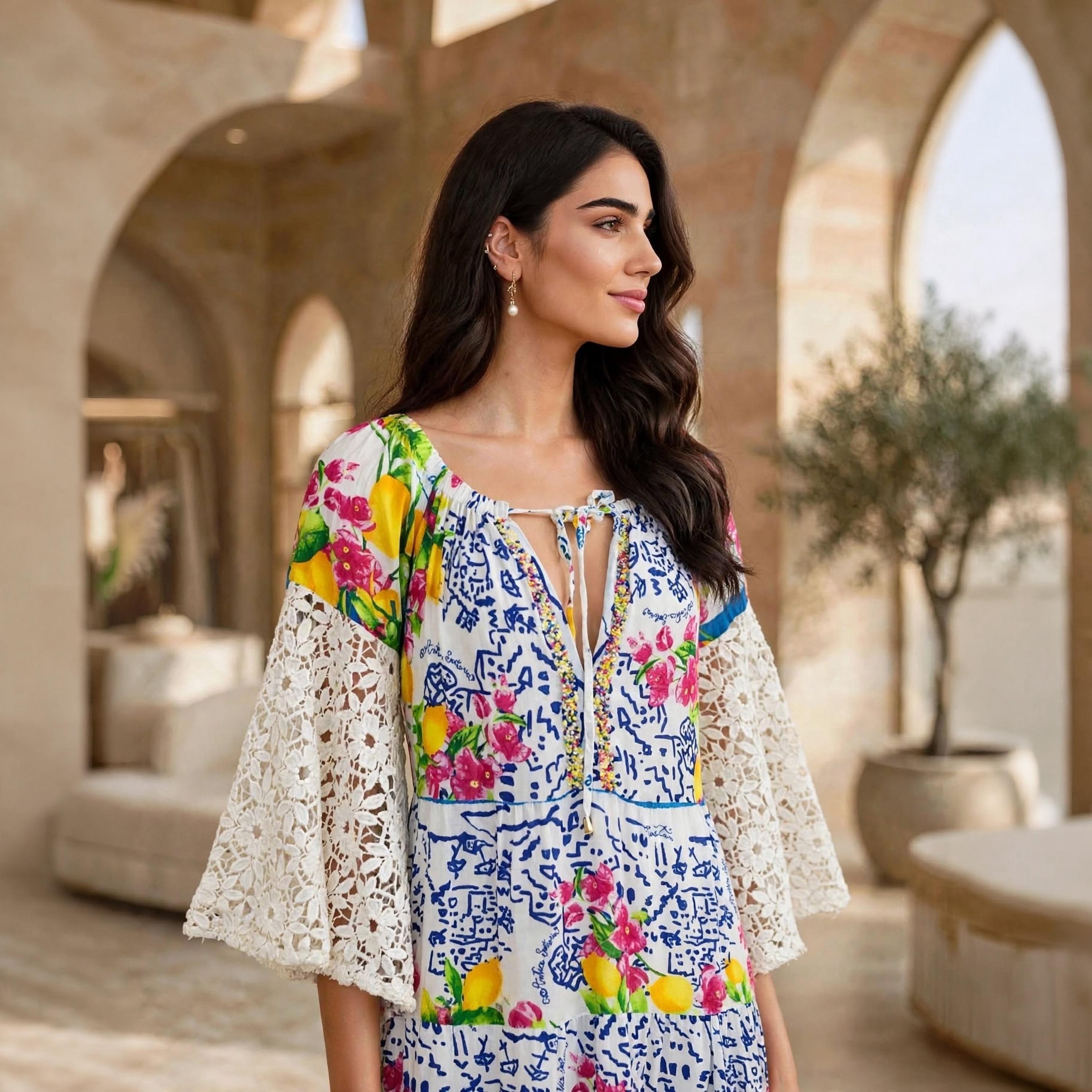 جلابية حريمي بطبقات بطبعة زهور بيضاء وأكمام دانتيل بكشكشة من إكسا-women-arabicclothing-dresses-image-2