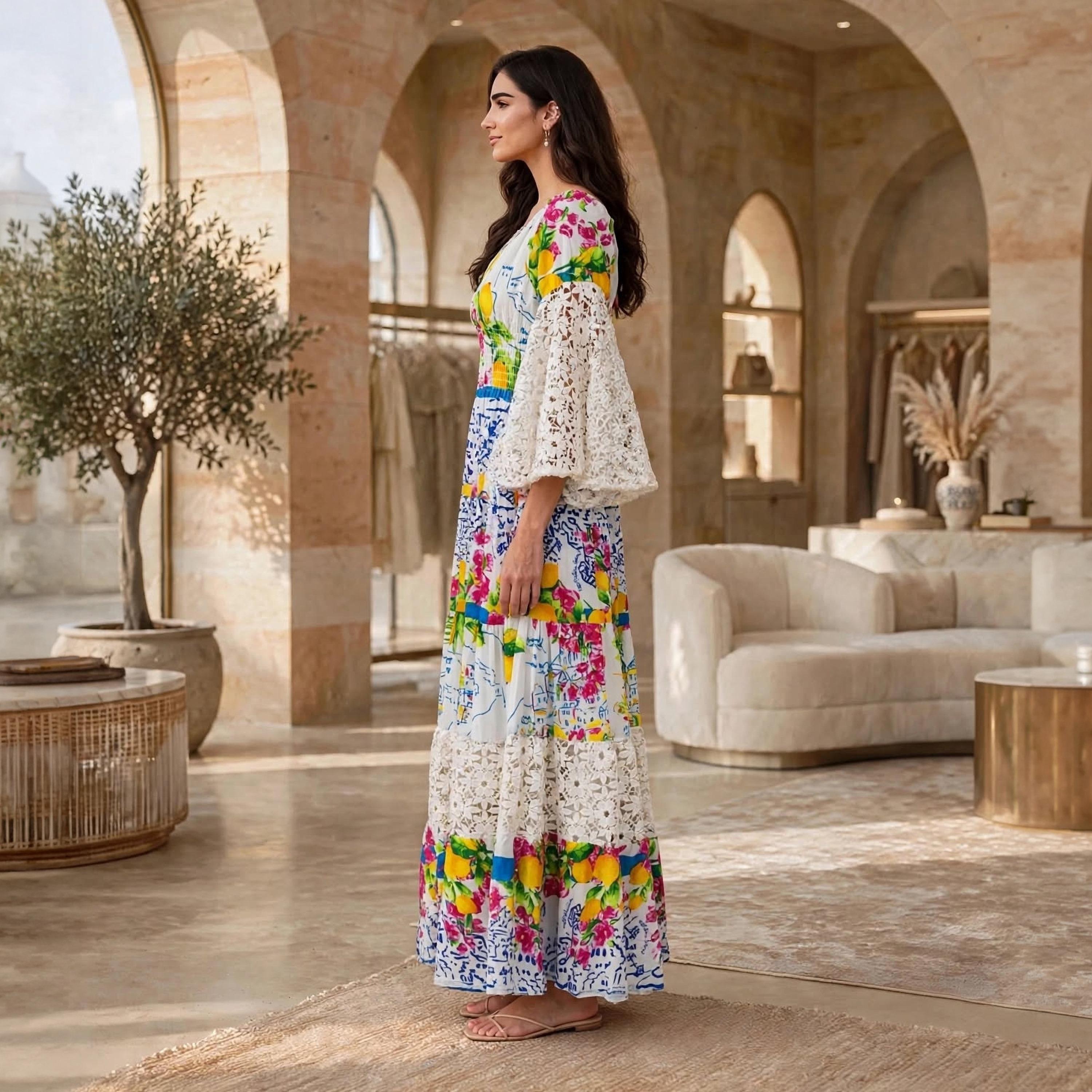 IKKXA White Floral Print Lace Bell Sleeves Women's Tiered Jalabiya-women-arabicclothing-dresses-image-3