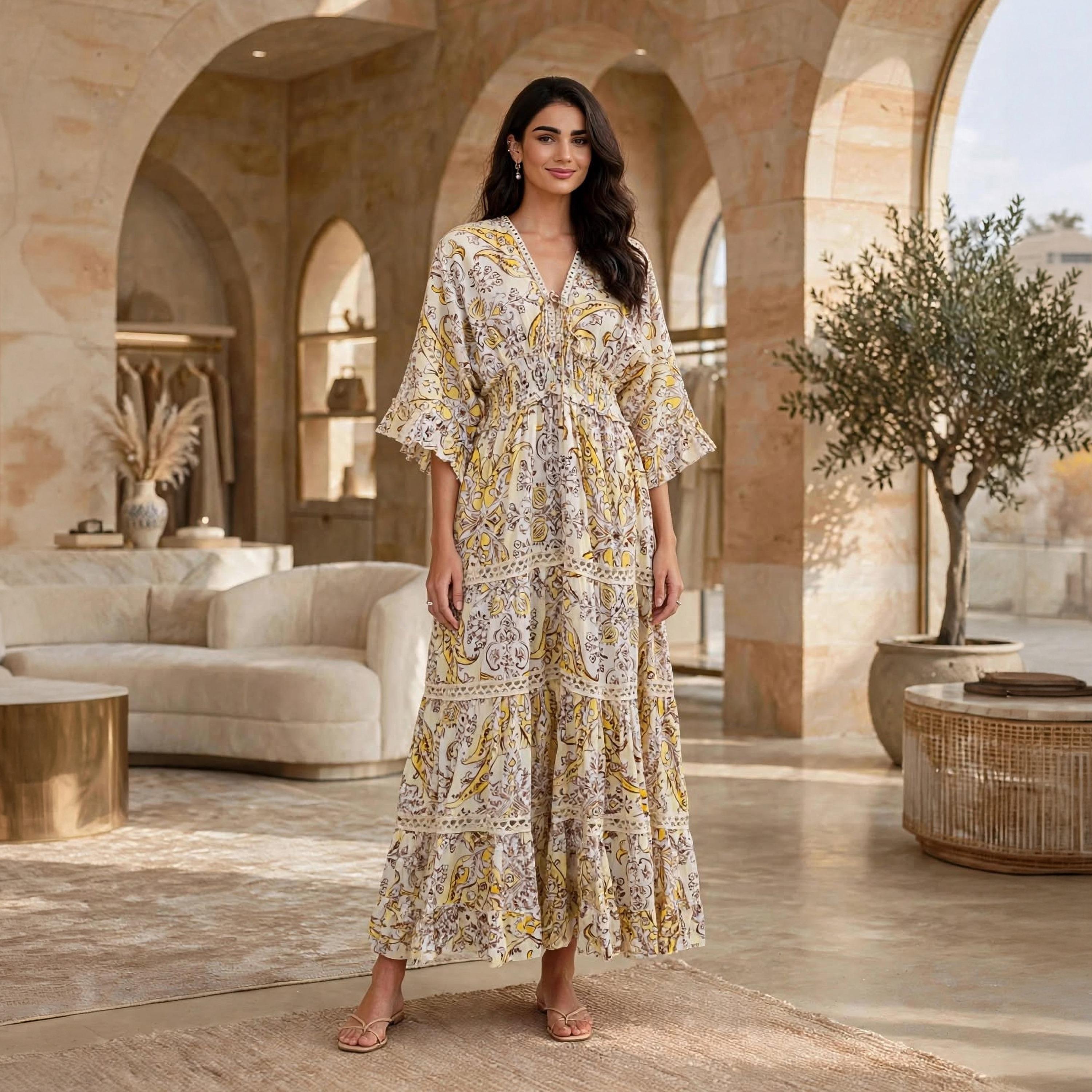 IKKXA Floral Smocked Waist Bell Sleeves Women's Tiered Jalabiya-women-arabicclothing-dresses-image-1