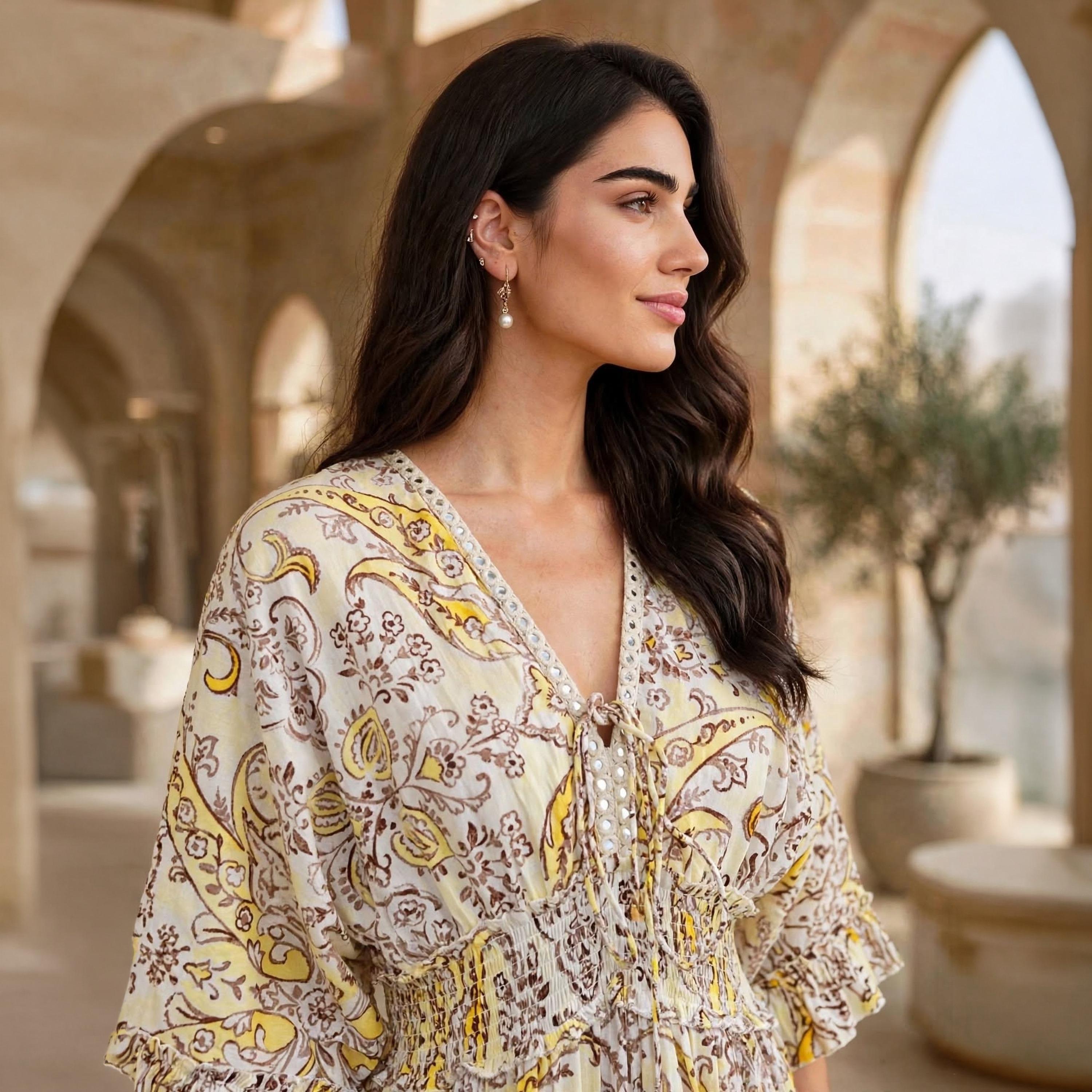IKKXA Floral Smocked Waist Bell Sleeves Women's Tiered Jalabiya-women-arabicclothing-dresses-image-2