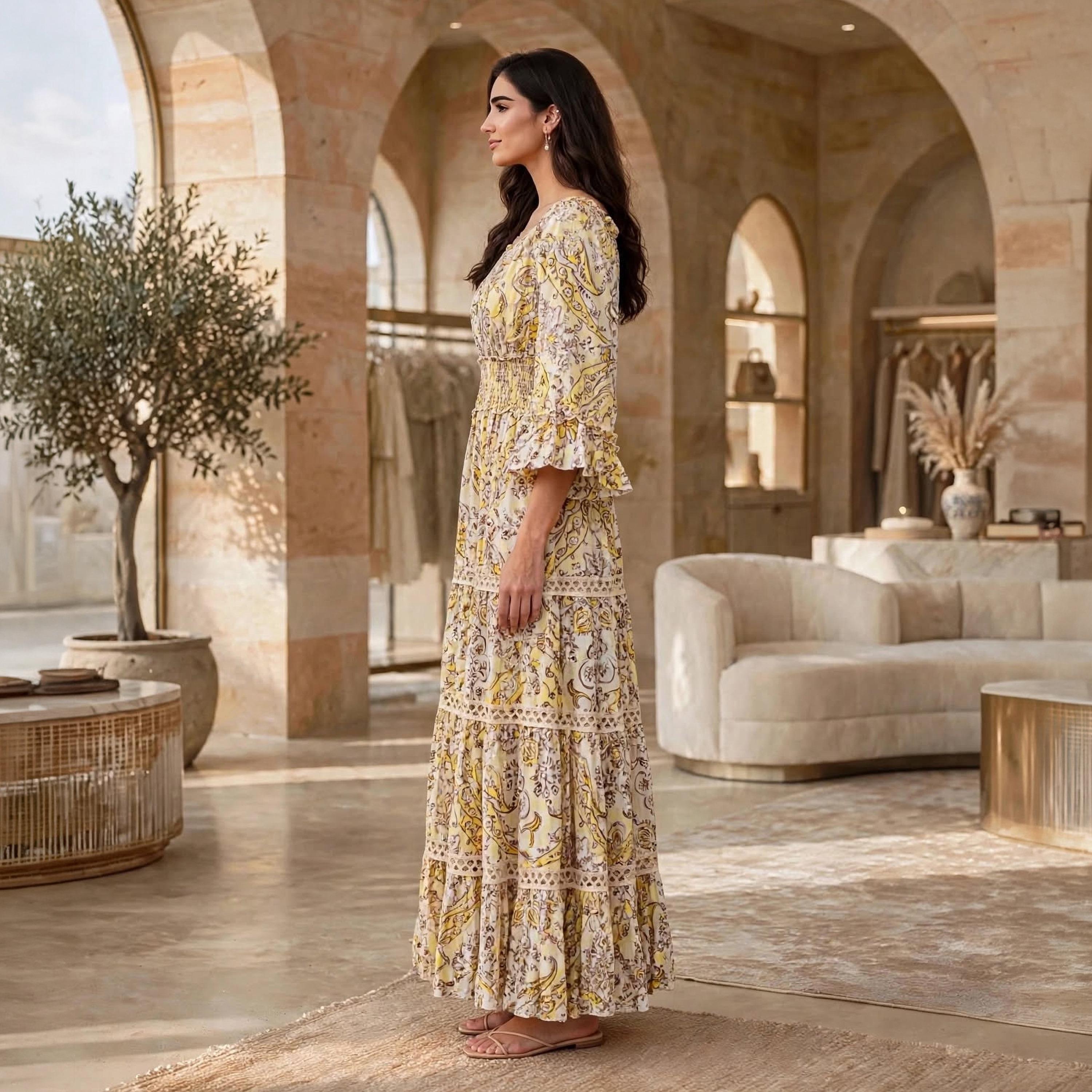 IKKXA Floral Smocked Waist Bell Sleeves Women's Tiered Jalabiya-women-arabicclothing-dresses-image-3