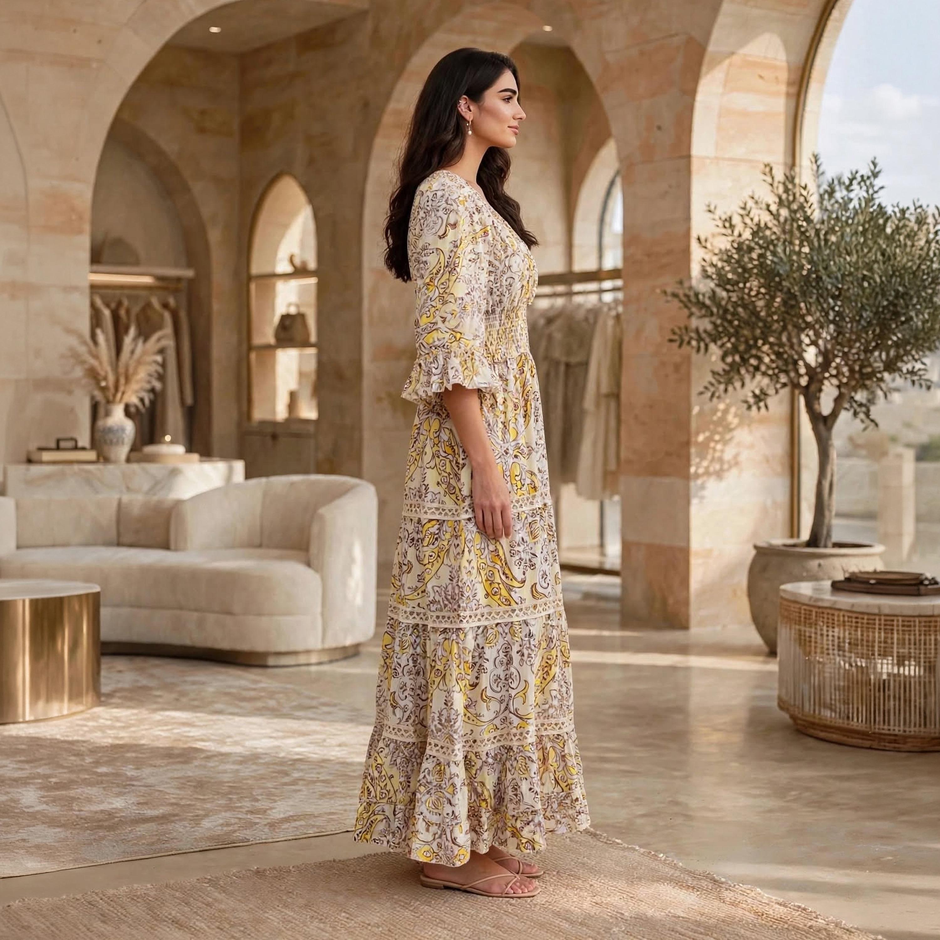 IKKXA Floral Smocked Waist Bell Sleeves Women's Tiered Jalabiya-women-arabicclothing-dresses-image-4