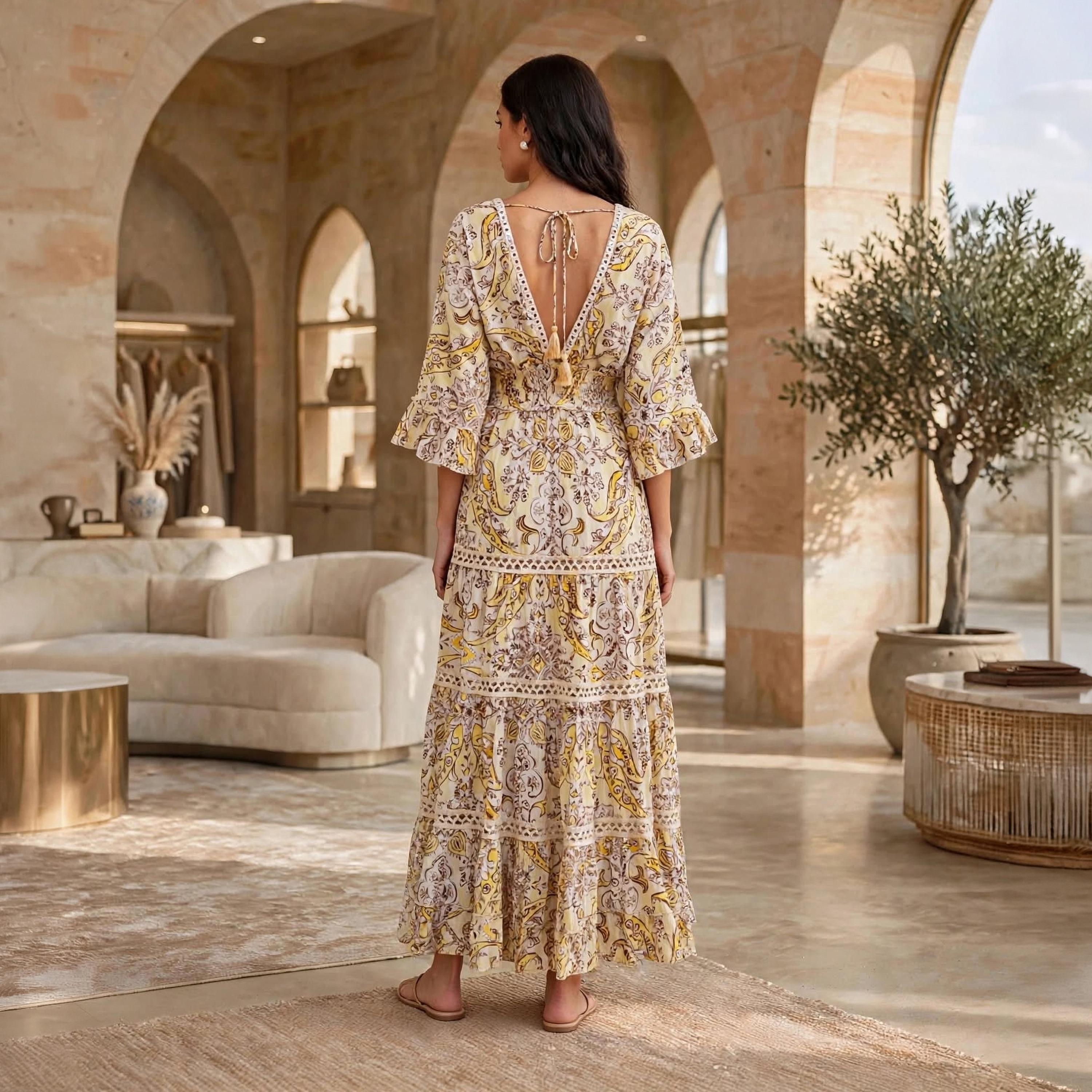 IKKXA Floral Smocked Waist Bell Sleeves Women's Tiered Jalabiya-women-arabicclothing-dresses-image-5