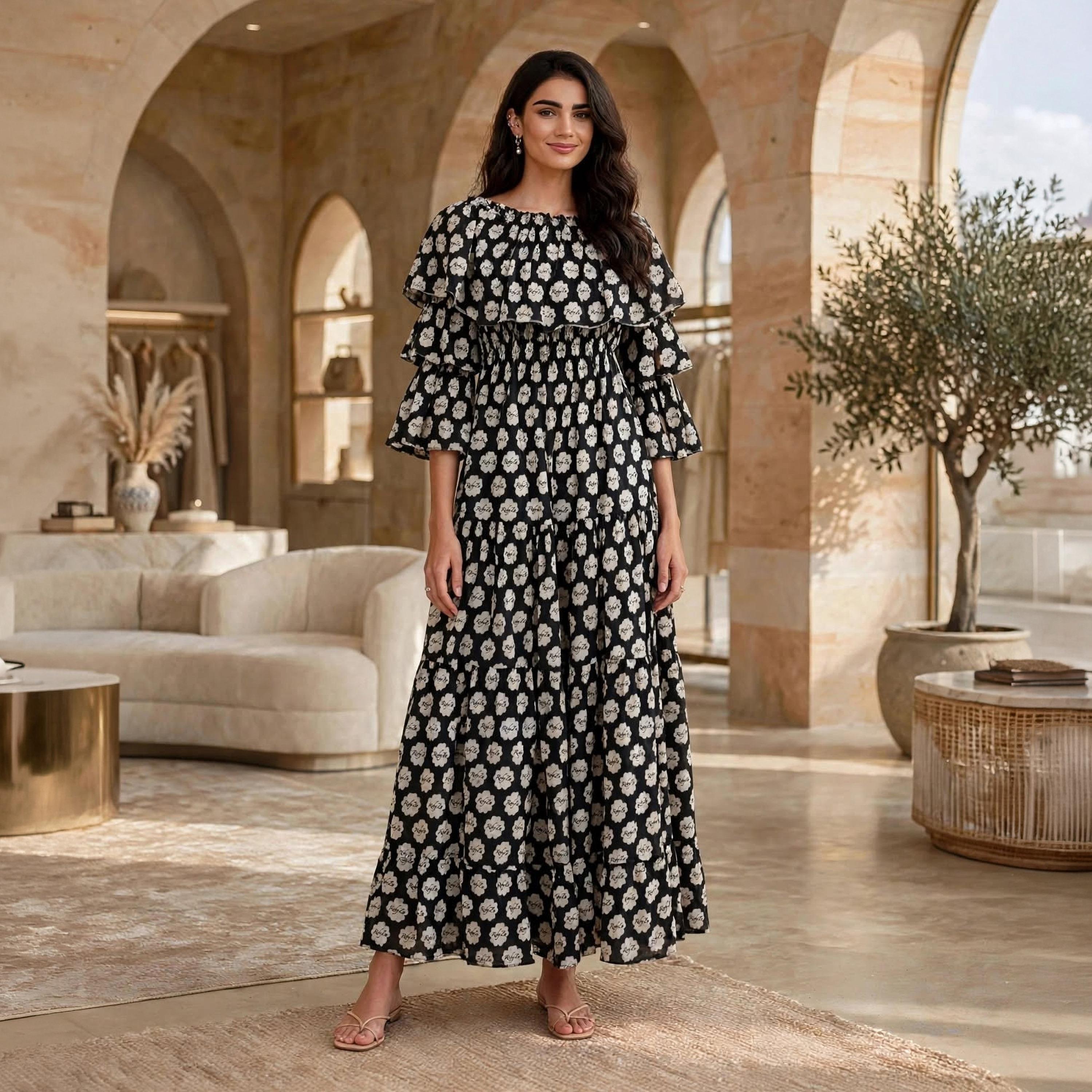جلابية حريمي بطبقات بنقشات زهور وأكمام كشكشة واسعة من إيكسا-women-arabicclothing-dresses-image-1