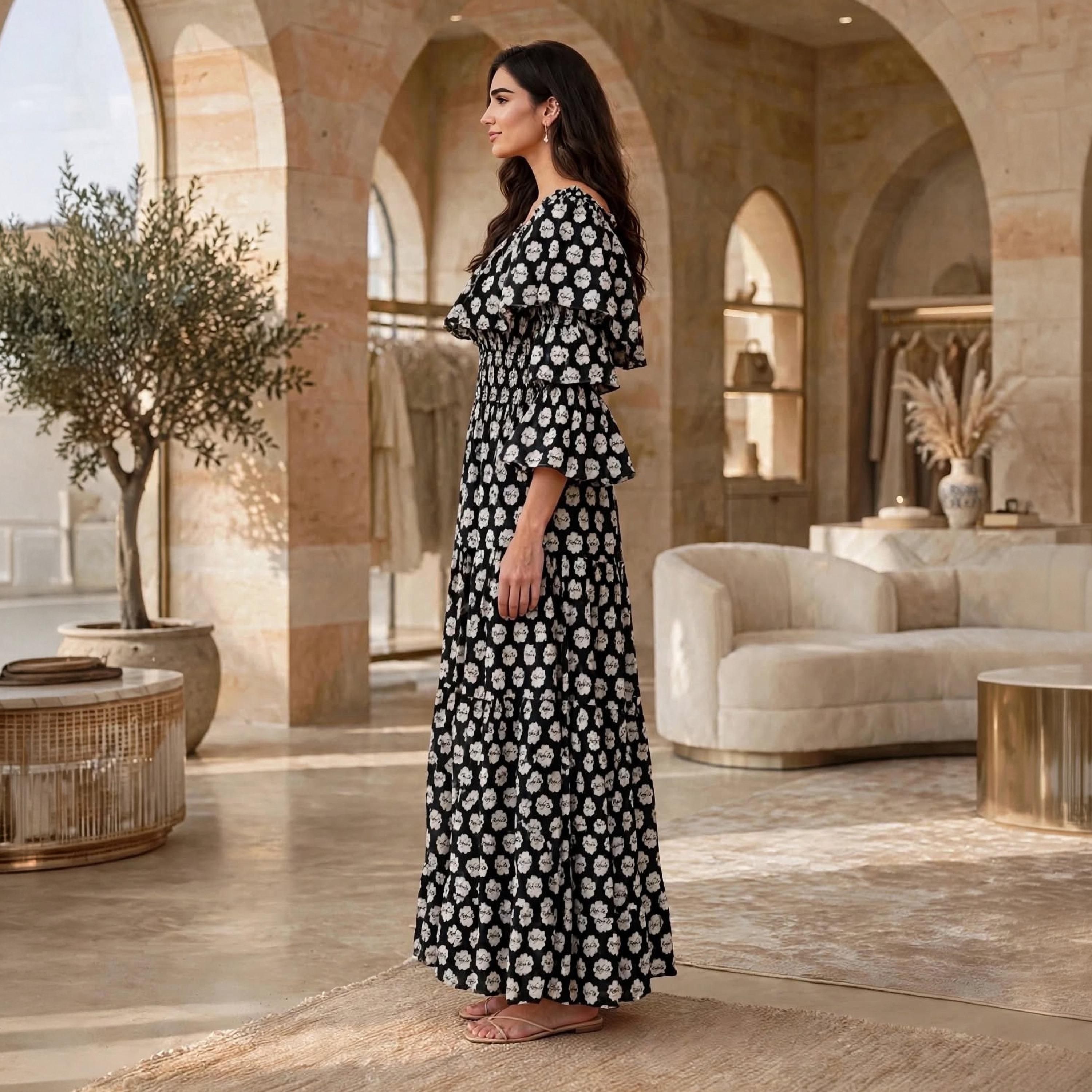 جلابية حريمي بطبقات بنقشات زهور وأكمام كشكشة واسعة من إيكسا-women-arabicclothing-dresses-image-4