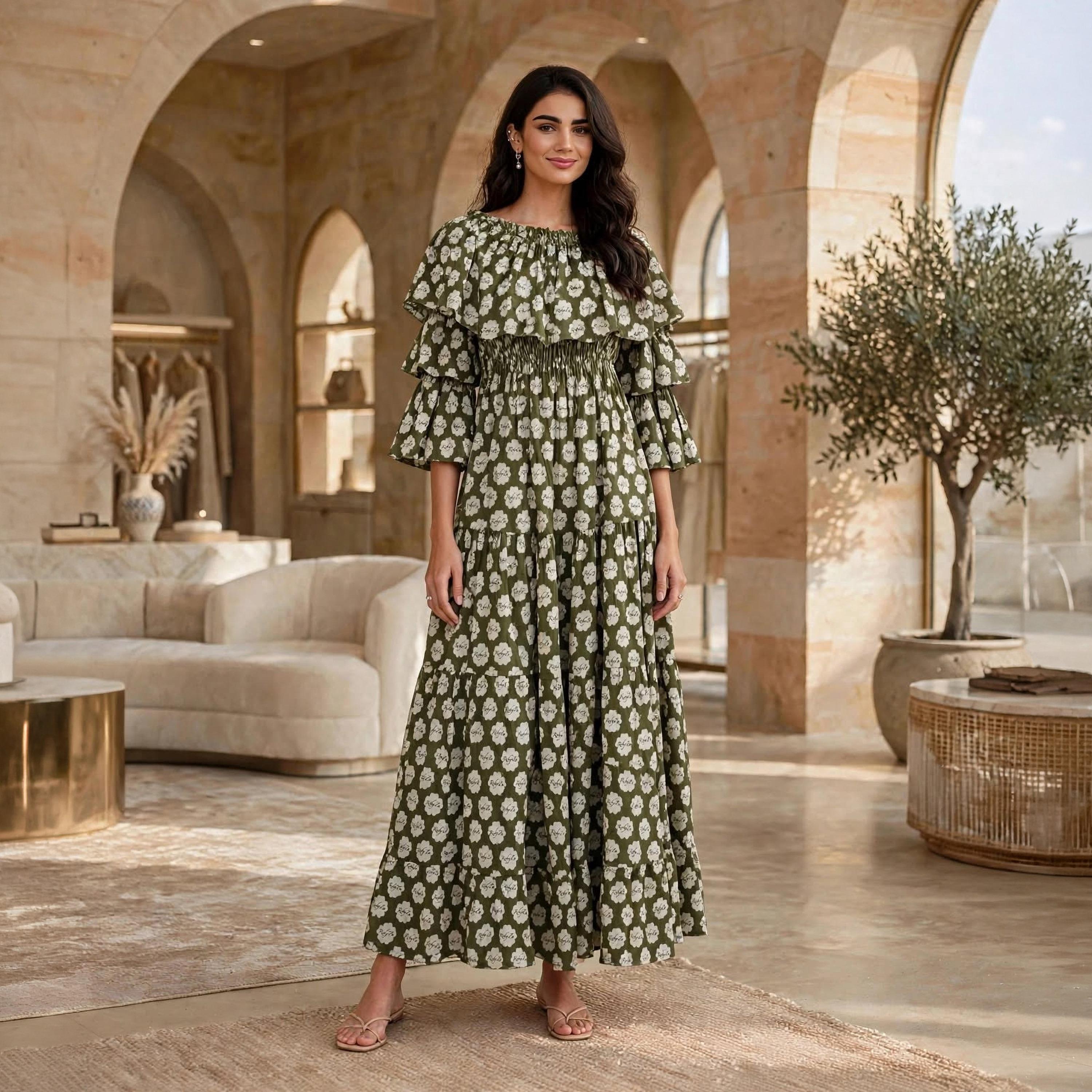 جلابية حريمي بطبقات بنقشات زهور وأكمام كشكشة واسعة من إيكسا-women-arabicclothing-dresses-image-6