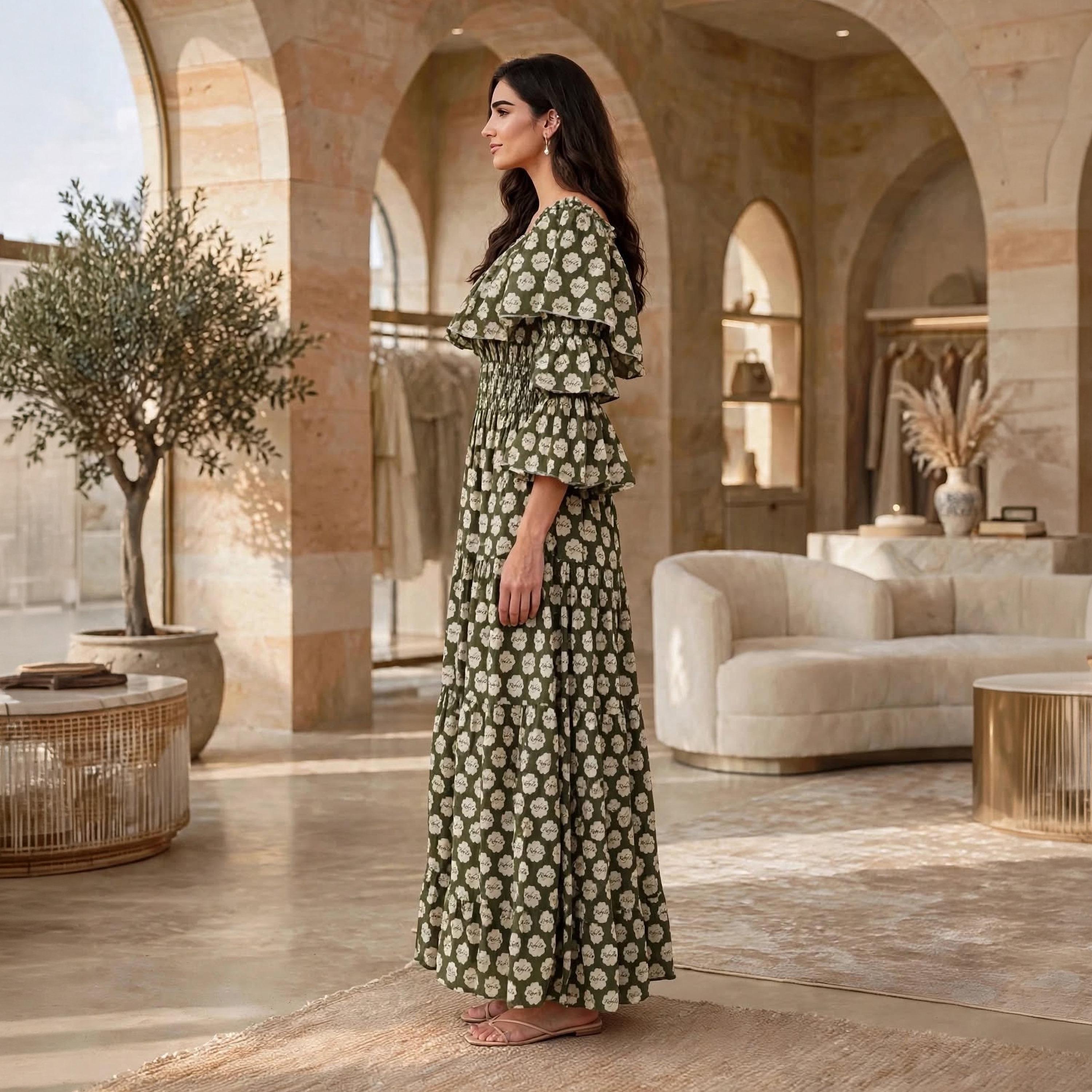 جلابية حريمي بطبقات بنقشات زهور وأكمام كشكشة واسعة من إيكسا-women-arabicclothing-dresses-image-8