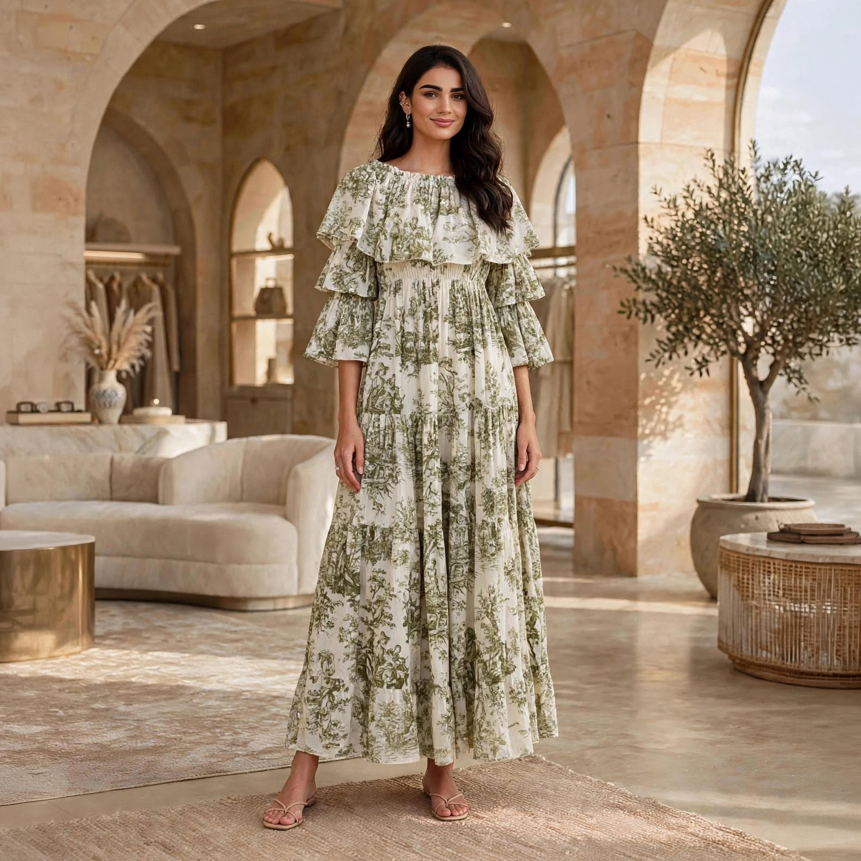 IKKXA Floral Print Ruffle Flared Sleeves Women's Tiered Jalabiya-women-arabicclothing-dresses-image-1