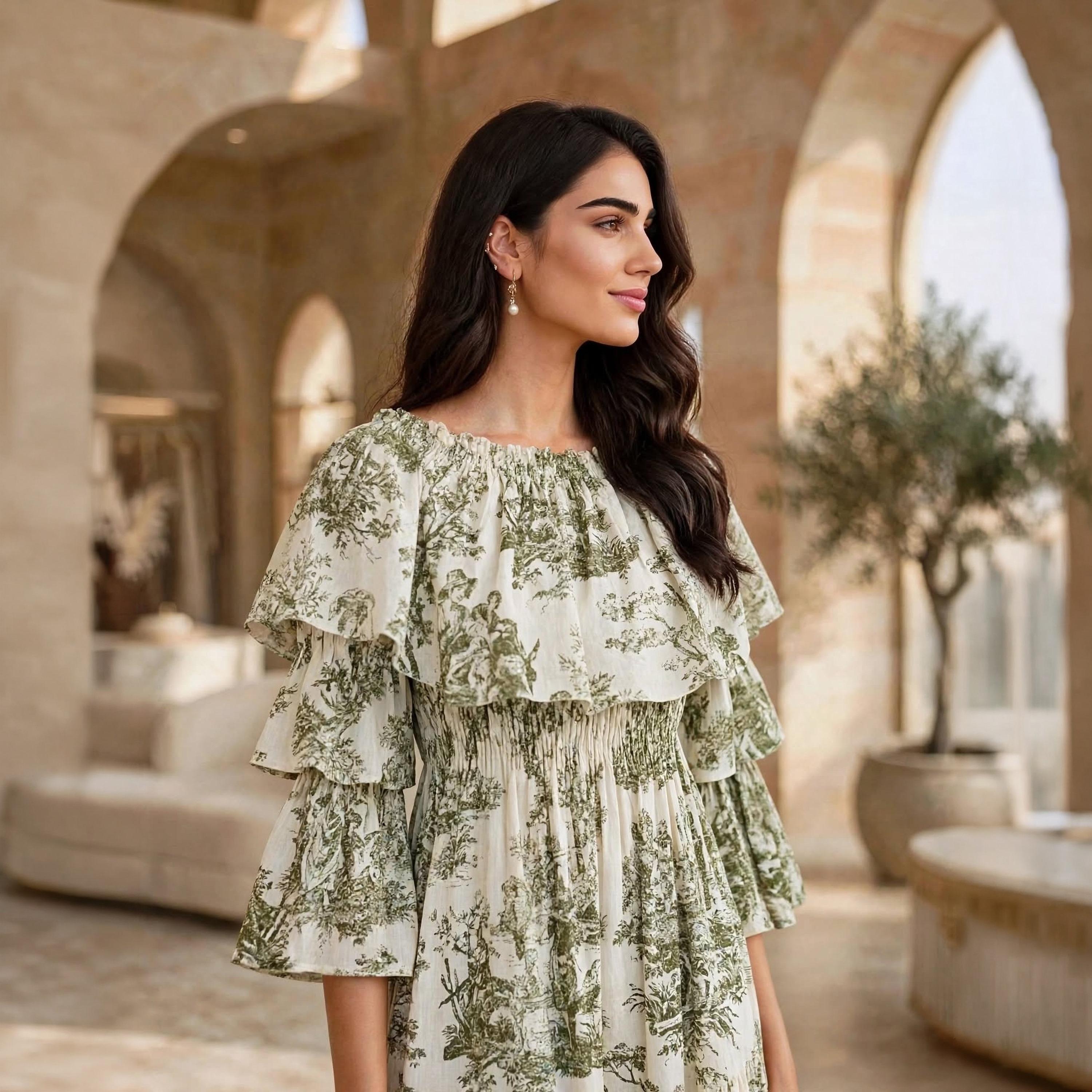 IKKXA Floral Print Ruffle Flared Sleeves Women's Tiered Jalabiya-women-arabicclothing-dresses-image-2
