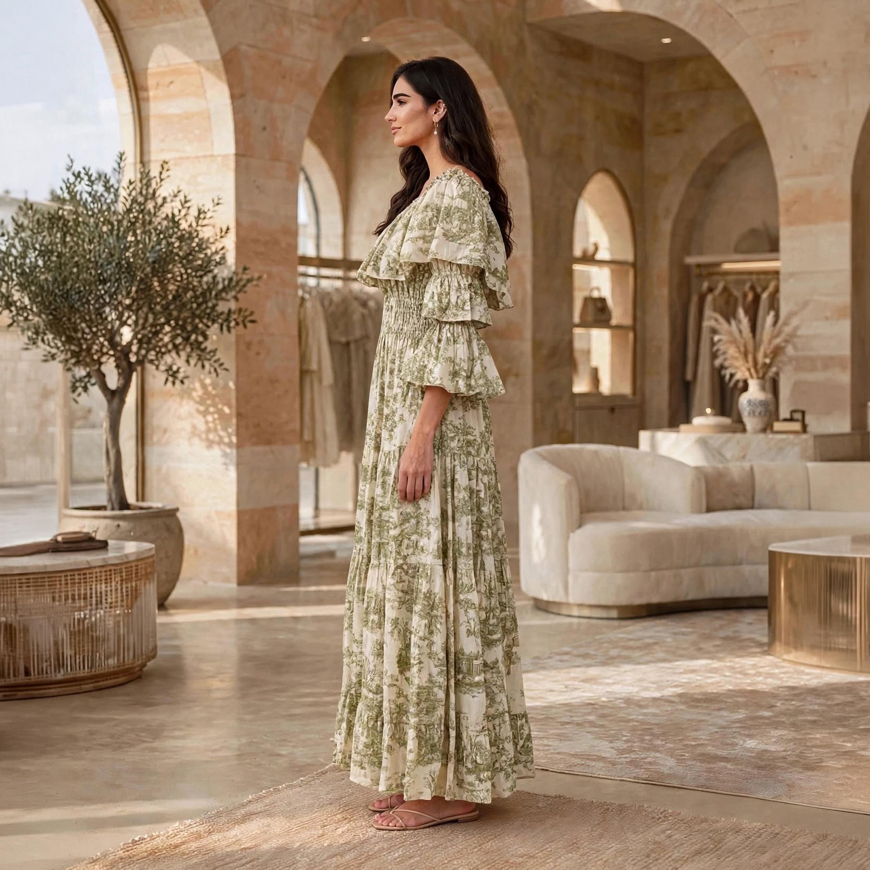 IKKXA Floral Print Ruffle Flared Sleeves Women's Tiered Jalabiya-women-arabicclothing-dresses-image-3