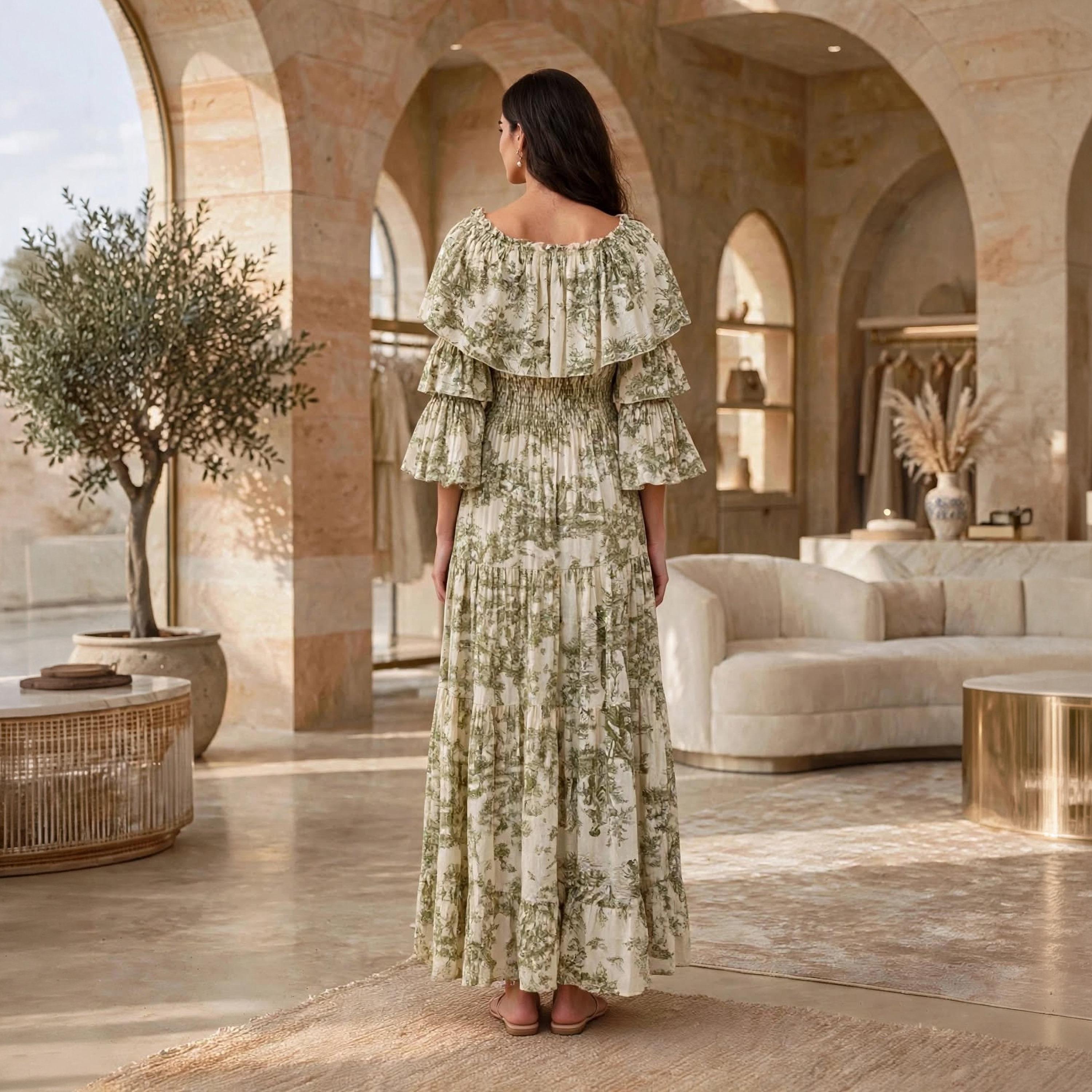 IKKXA Floral Print Ruffle Flared Sleeves Women's Tiered Jalabiya-women-arabicclothing-dresses-image-5